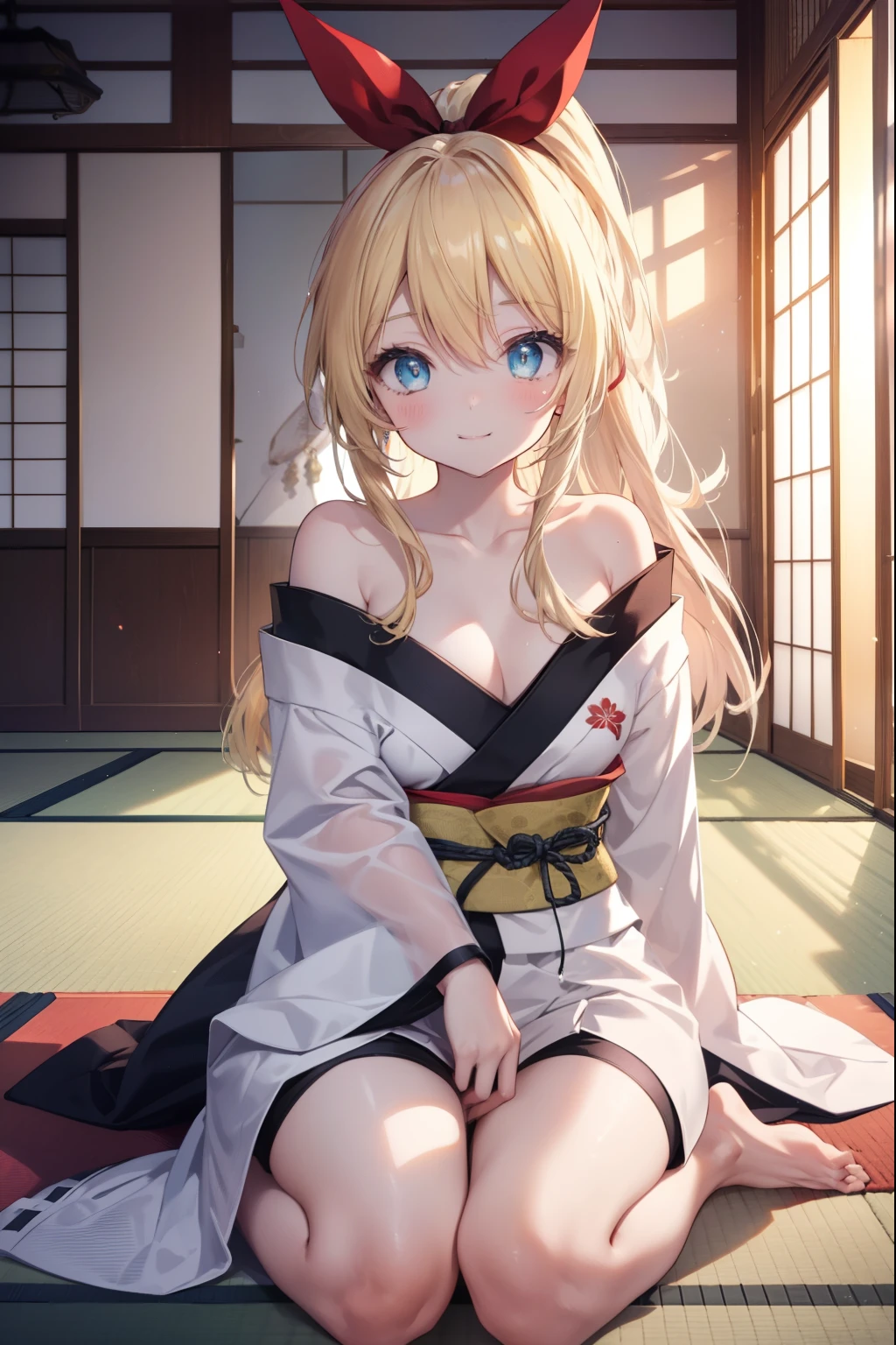 Sengetsukirisaki, chitoge kirisaki, blonde hair, blue eyes, blush,smile,hair ribbon, long hair, red ribbon, ribbon,off shoulder dress,shorts,barefoot,Japanese style room(tatami),There&#39;s a lot of food on the table,tatamiの上に座ってる,幸せな雰囲気
break indoors, room(tatami),
break looking at viewer, break (masterpiece:1.2), highest quality, High resolution, unity 8k wallpaper, (figure:0.8), (detailed and beautiful eyes:1.6), highly detailed face, perfect lighting, Very detailed CG, (perfect hands, perfect anatomy),