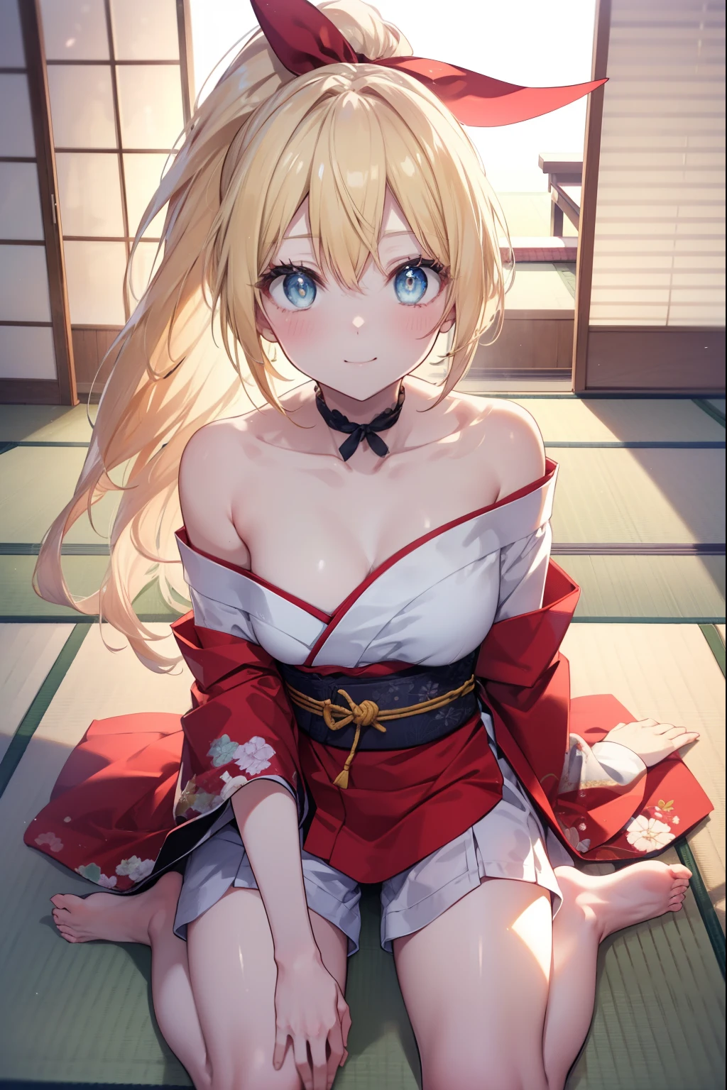 Sengetsukirisaki, chitoge kirisaki, blonde hair, blue eyes, blush,smile,hair ribbon, long hair, red ribbon, ribbon,off shoulder dress,shorts,barefoot,Japanese style room(tatami),There&#39;s a lot of food on the table,tatamiの上に座ってる,幸せな雰囲気
break indoors, room(tatami),
break looking at viewer, break (masterpiece:1.2), highest quality, High resolution, unity 8k wallpaper, (figure:0.8), (detailed and beautiful eyes:1.6), highly detailed face, perfect lighting, Very detailed CG, (perfect hands, perfect anatomy),