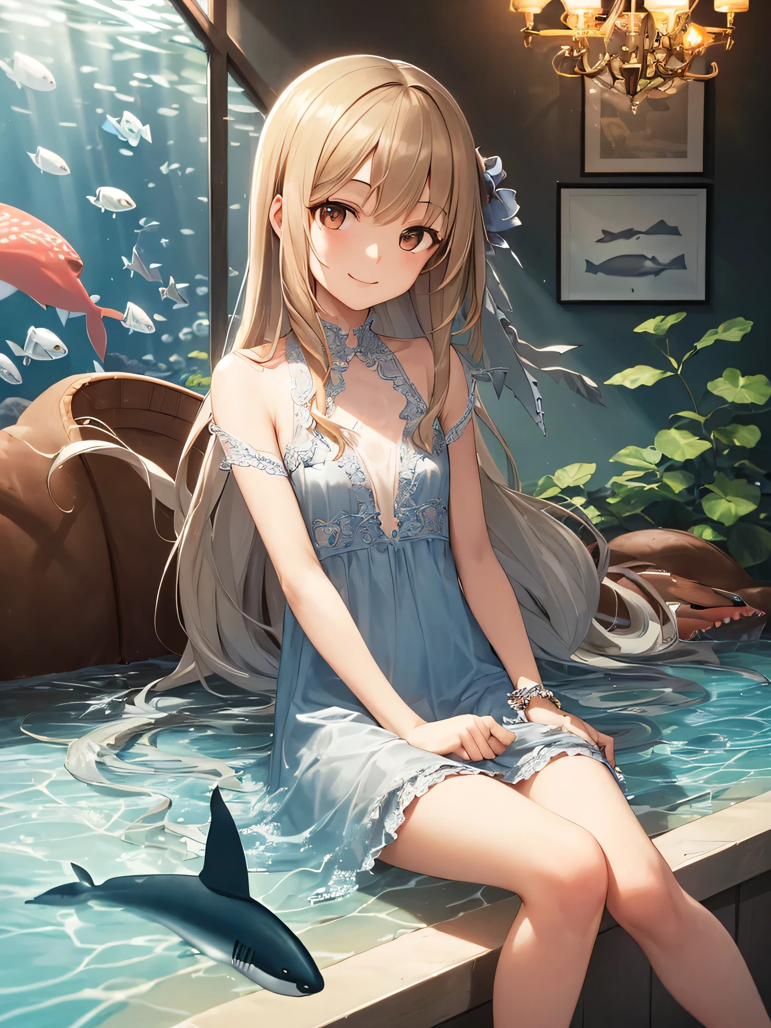 (best quality), (ultra-detailed), (llustration), (detailed light), (an extremely delicate and beautiful), 1young girl, long hair, brown eyes, (smile slightly, Innocent and cute expression), model, Enchanting, Sublime, Ethereal, fantastic, extremely detailed CG unified 8k wallpaper, High-definition raw color photos, professional photography, (Bokeh), indoors, (aquarium), whale shark, shark, small fish, napoleon fish, Backlighting, depth of fields,