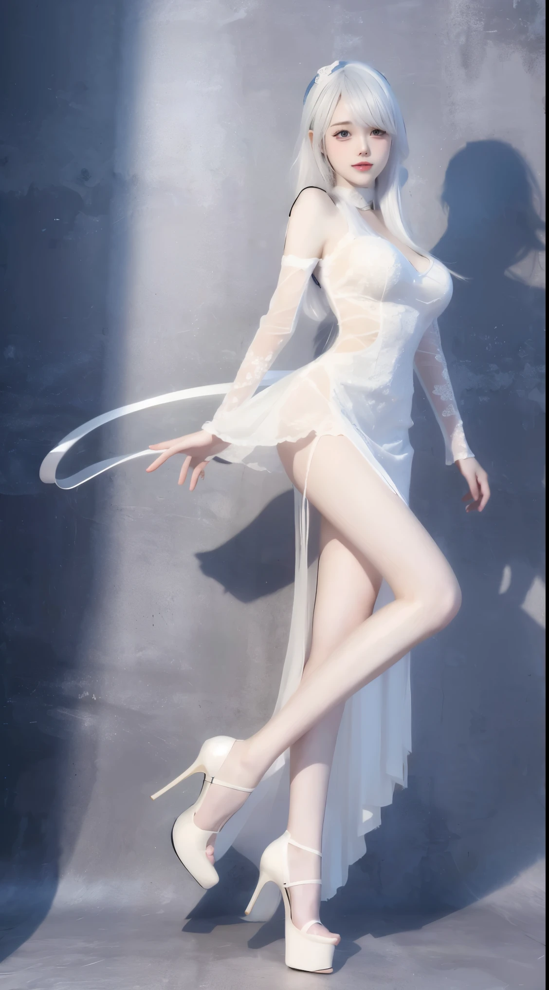 8k, surreal, masterpiece, best quality, super detailed, high resolution, random background, 1 girl, (:1.5), Yao Liu, white dress，colored hair，translucent，whole body，High heel透明婚纱，High heel，whole body，Colorful