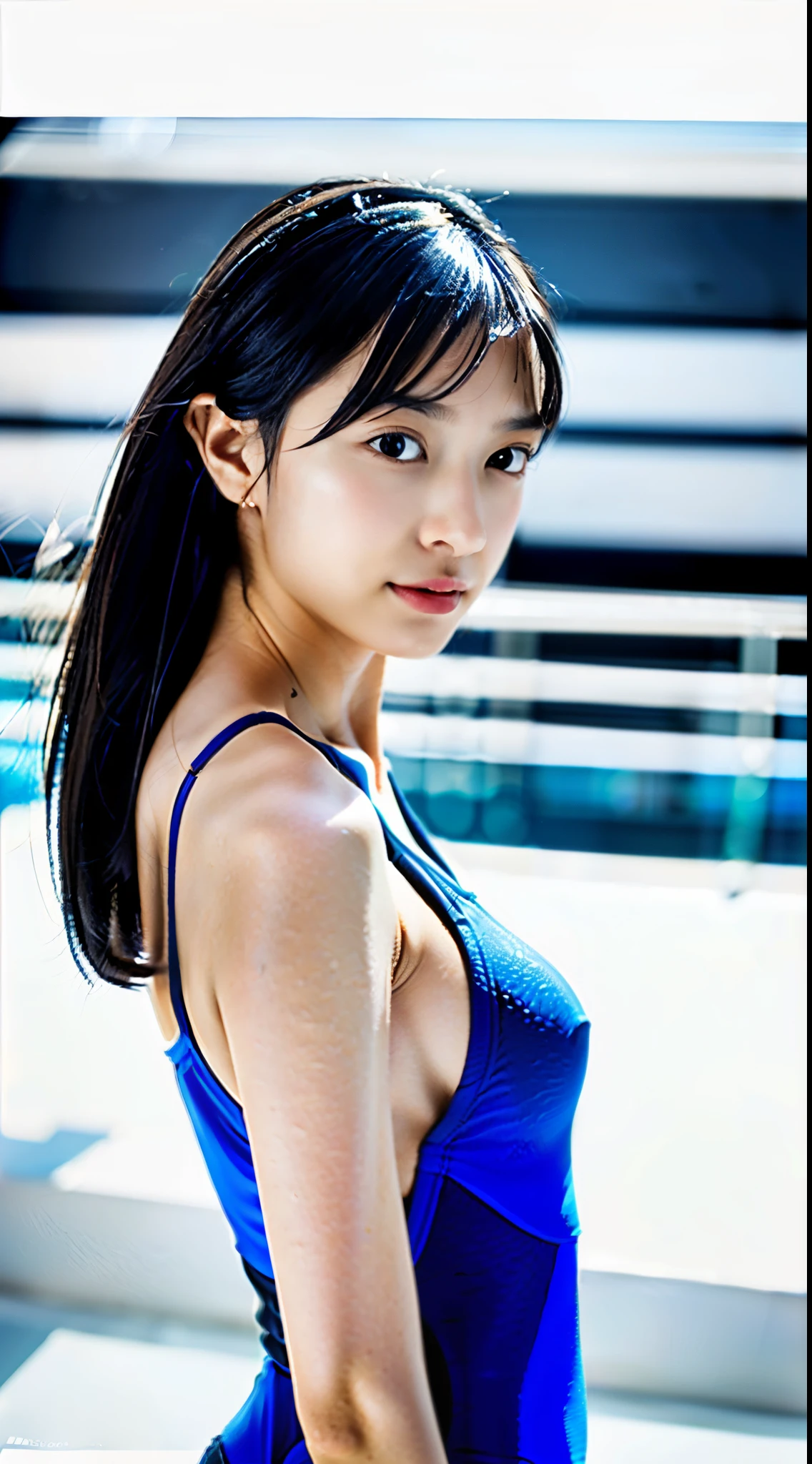 (royalblue colored competitive swimsuit:1.3), (simplest one-piece designed competitive swimsuit:1.6), (nylon swimsuit:1.2),
(realistic pantyhose under her competitive swimsuit:1.5), (covered full breasts with swimsuit:1.6), (huge breasts:1.6), (large buttocks:1.2), (perfect shaped buttocks:1.4), (Raised pubic mound:1.8), (Her erect nipples are pushing out the competitive swimsuit fabric:1.6), (a beautiful woman wearing glasses:1.2), Under 30 years old, straight black hair, slanted eyes, upturned eyes, narrow eyes, stern looking, competitive pool, ultra highres, ultra quality, masterpiece, fine-textured skin, (low exposed skin:1.4)(photorialstick:1.2), (perfect anatomy:1.0), (random composition:2.0), (random position:1.4)