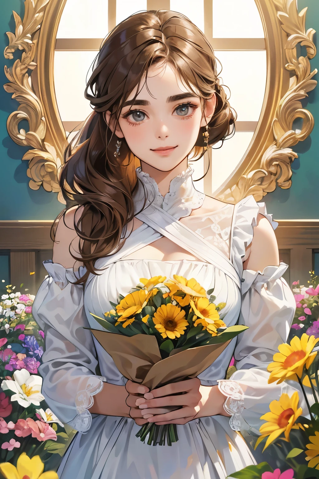 (table top, digital art, digital illustration, 4k, 8k, Super detailed, beautiful images, clear image, realistic, RAW photo, perfect face, perfect lines, perfect eyes, soft lighting) 1 female, (light brown hair,chignon hair,innocent look,droopy eyebrows,With a round face,round chin、innocence,cute,Big eyes,natural makeup,smile gently,E cup,23 year old female:1.3),Two handsome men in suits, (human,man wearing a suit,muscular,solid shoulder width, A man in his 30s with a cool expression,28 year old man with a bright smile:1.2),lots of flowers、flower cottage、hug、surrounded by colorful flowers、couple、couplekiss、kiss、flower shop、romance