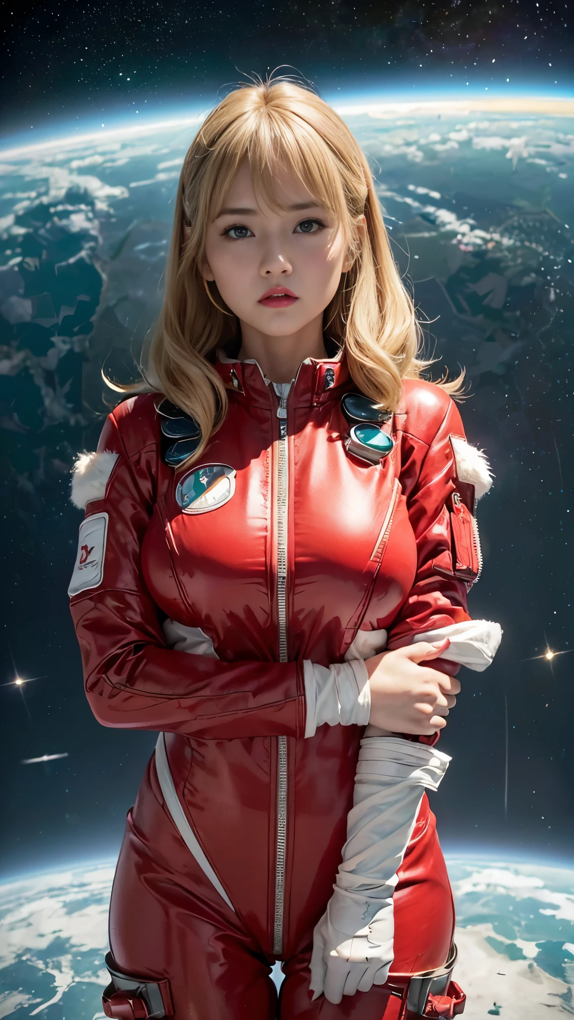 (hyper real)、future female pilots、
Huge　Beautiful woman　High level image quality　High resolution　realistic　short hair　blonde、　blondeの女性、mature woman、middle-aged women、((big big skin texture、超High resolution、realistic、Chubby body type、angry face、beauty of middle age、beautiful expression、Detailed green ironed fluffy hair、Kamimei、Very delicate and delicate skin texture、３５A woman piloting a giant space station)、female pilot batlight red lips、((wear a red flight suit))、(((alone)))、