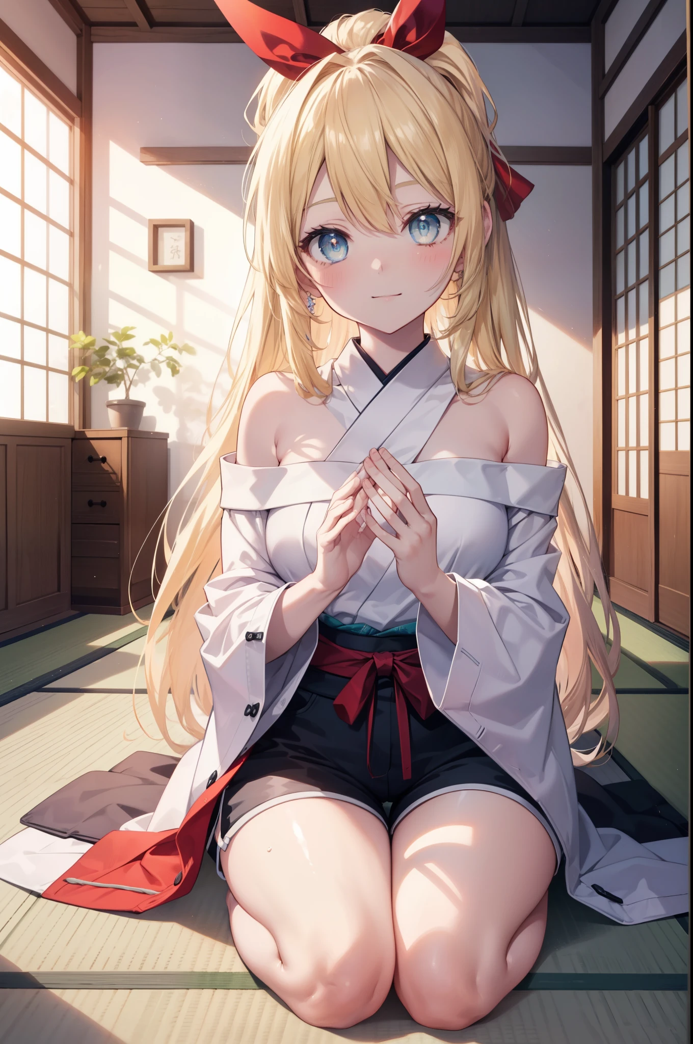 Sengetsukirisaki, chitoge kirisaki, blonde hair, blue eyes, blush,smile,hair ribbon, long hair, red ribbon, ribbon,off shoulder dress,shorts,barefoot,Japanese style room(tatami),There&#39;s a lot of food on the table,tatamiの上に座ってる,幸せな雰囲気
break indoors, room(tatami),
break looking at viewer, break (masterpiece:1.2), highest quality, High resolution, unity 8k wallpaper, (figure:0.8), (detailed and beautiful eyes:1.6), highly detailed face, perfect lighting, Very detailed CG, (perfect hands, perfect anatomy),