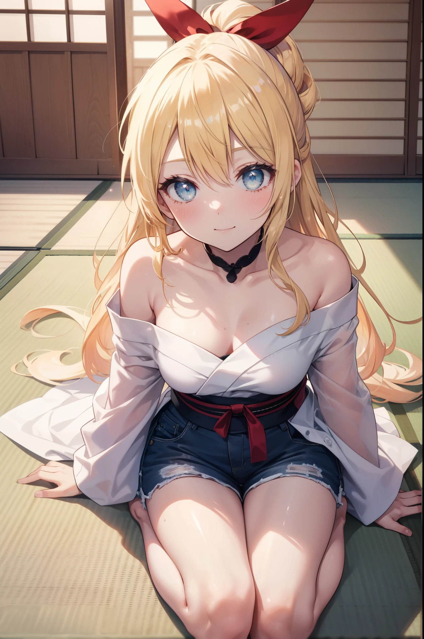 Sengetsukirisaki, chitoge kirisaki, blonde hair, blue eyes, blush,smile,hair ribbon, long hair, red ribbon, ribbon,off shoulder dress,shorts,barefoot,Japanese style room(tatami),There&#39;s a lot of food on the table,tatamiの上に座ってる,幸せな雰囲気
break indoors, room(tatami),
break looking at viewer, break (masterpiece:1.2), highest quality, High resolution, unity 8k wallpaper, (figure:0.8), (detailed and beautiful eyes:1.6), highly detailed face, perfect lighting, Very detailed CG, (perfect hands, perfect anatomy),