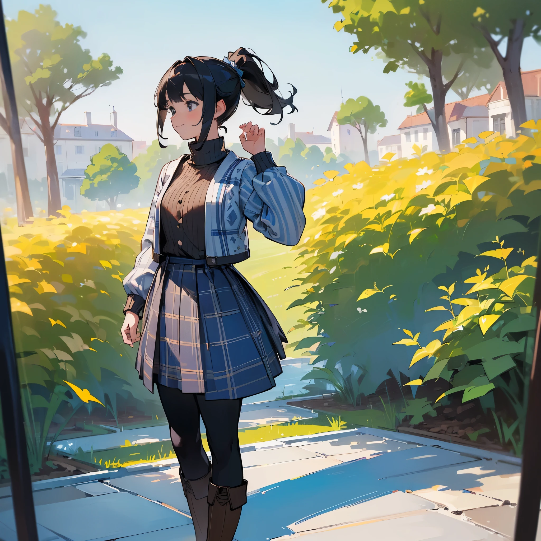 (high quality, high resolution, Super detailed, Reality:1.37), peaceful atmosphere, (outdoor, garden), age girl standing alone, (big chest.), beautiful detailed features, cute smile, (black hair ponytail), ribbed sweater, blue plaid skirt, black tights, brown boots.