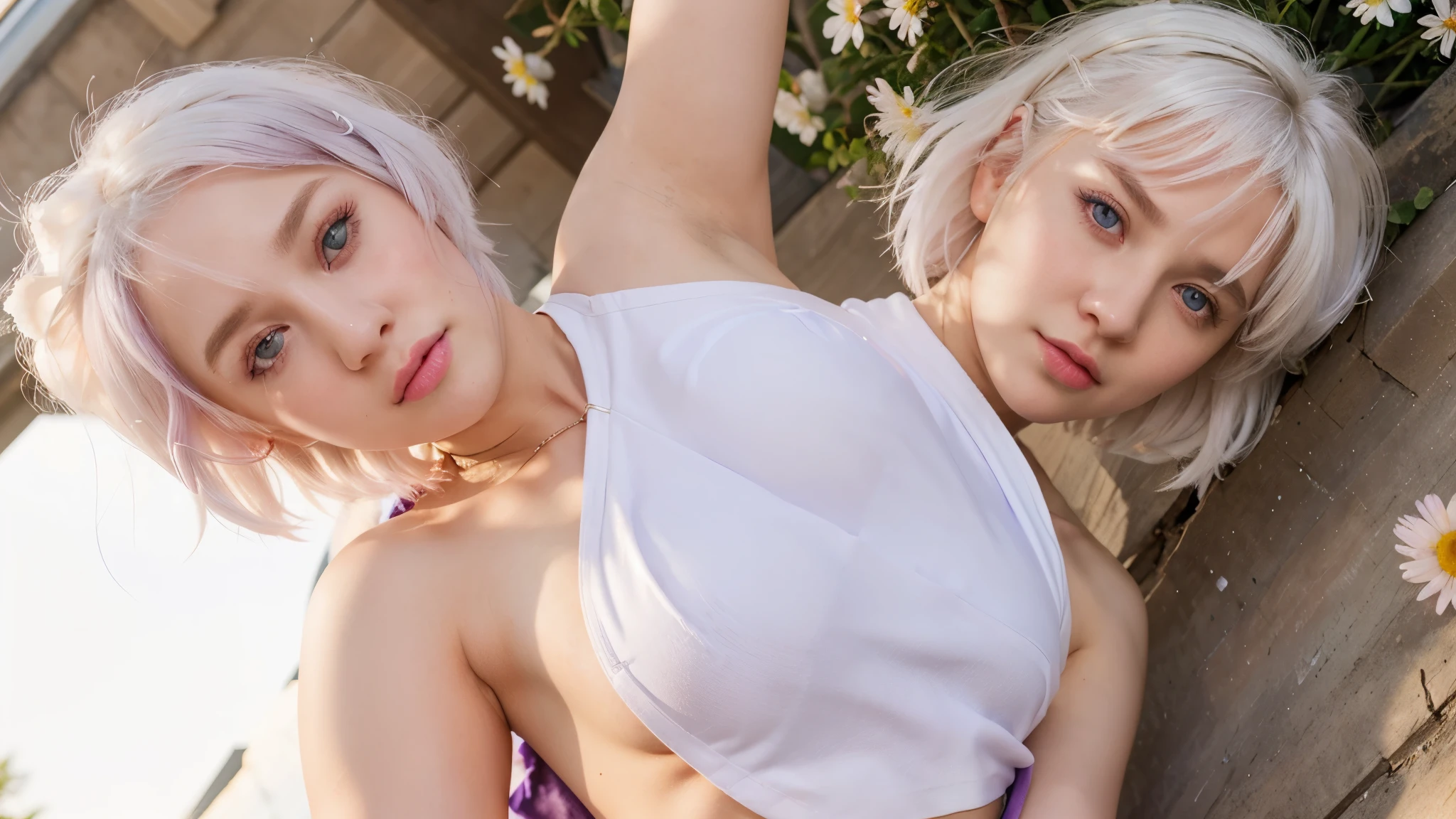 real, 1girl, White hair, Purple eyes, Glowing eyes, Crop top, A pocket, Parted lips, Blush, a night, Flowers, sun, sunlight,