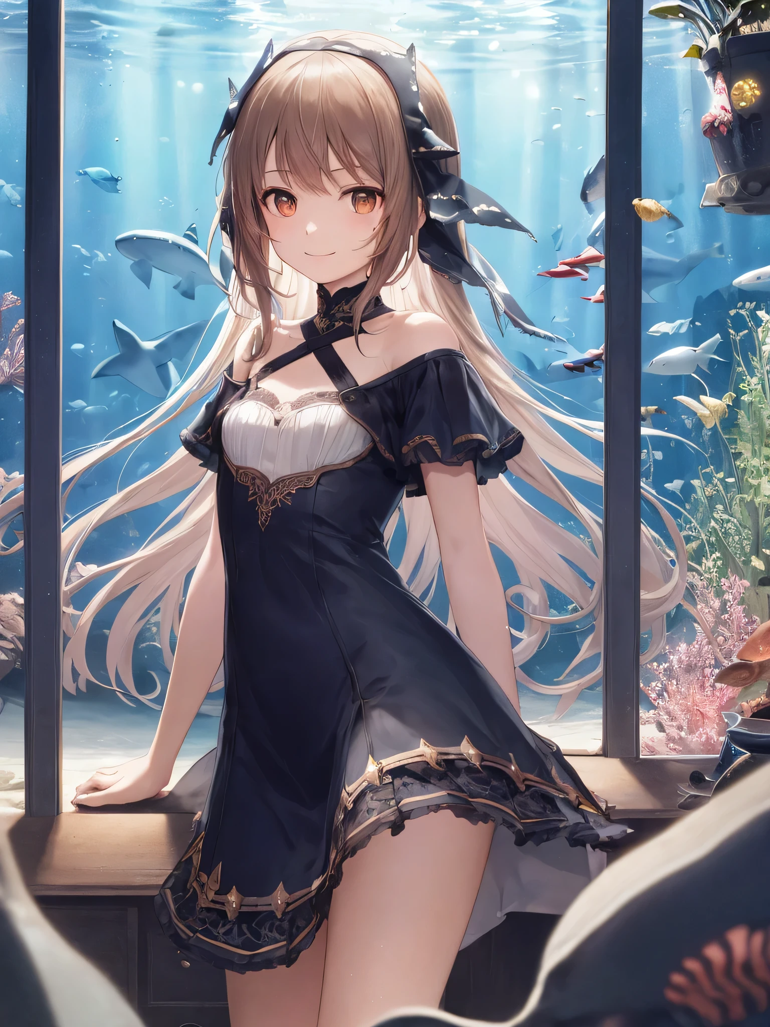 (best quality), (ultra-detailed), (llustration), (detailed light), (an extremely delicate and beautiful), ung girl, long hair, brown eyes, (smile slightly, Innocent and cute expression), model, Enchanting, Sublime, Ethereal, fantastic, extremely detailed CG unified 8k wallpaper, High-definition raw color photos, professional photography, (Bokeh), indoors, (aquarium), whale shark, shark, small fish, napoleon fish, Backlighting, depth of fields,