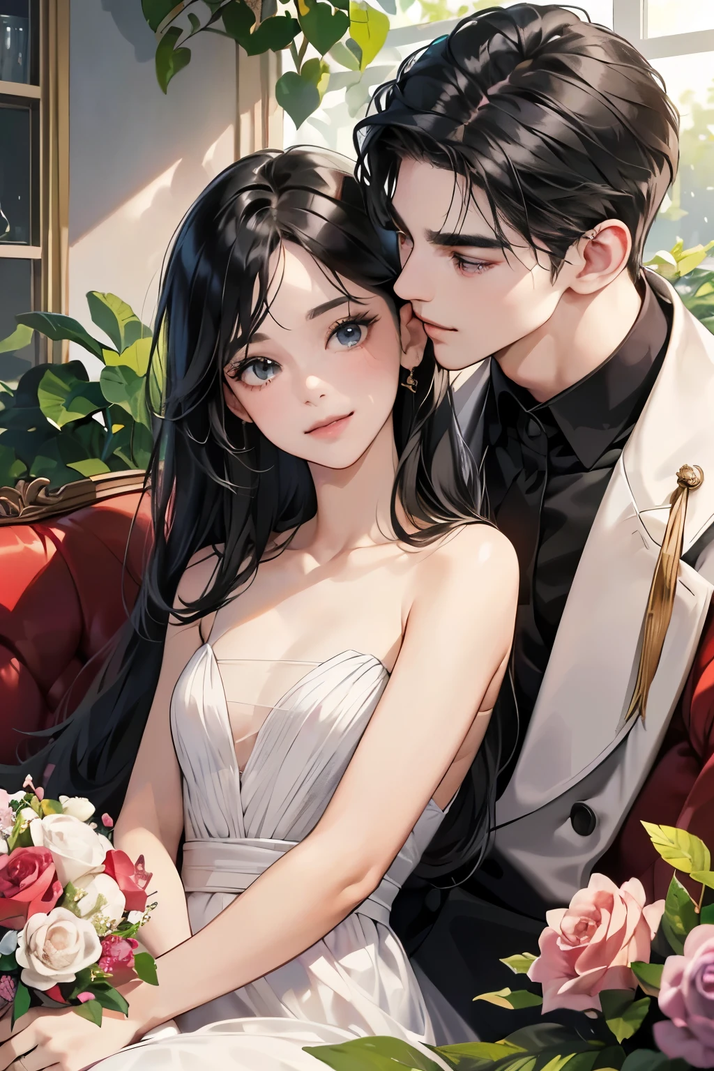 (table top, digital art, digital illustration, 4k, 8k, Super detailed, beautiful images, clear image, realistic, RAW photo, perfect face, perfect lines, perfect eyes, soft lighting) ,1 female, (long black hair,straight hair,bullish look,Beautiful woman,grace,Make up well,23 year old female,small breasts:1.3),Two handsome men in suits, (human,muscular,solid shoulder width, human,boyish hairstyle,English gentleman&#39;Style,A man in his 30s with a cool expression,28-year-old man with bright smile:1.2),白い歯を見せてsmile(embarrassing,shy smile:1.1),garden full of light、Squirting、resort sofa、colorful flowers、innocent smile,smile、couple kissing、kiss、the kiss、romance、Mermaid line wedding dress rose bouquet、