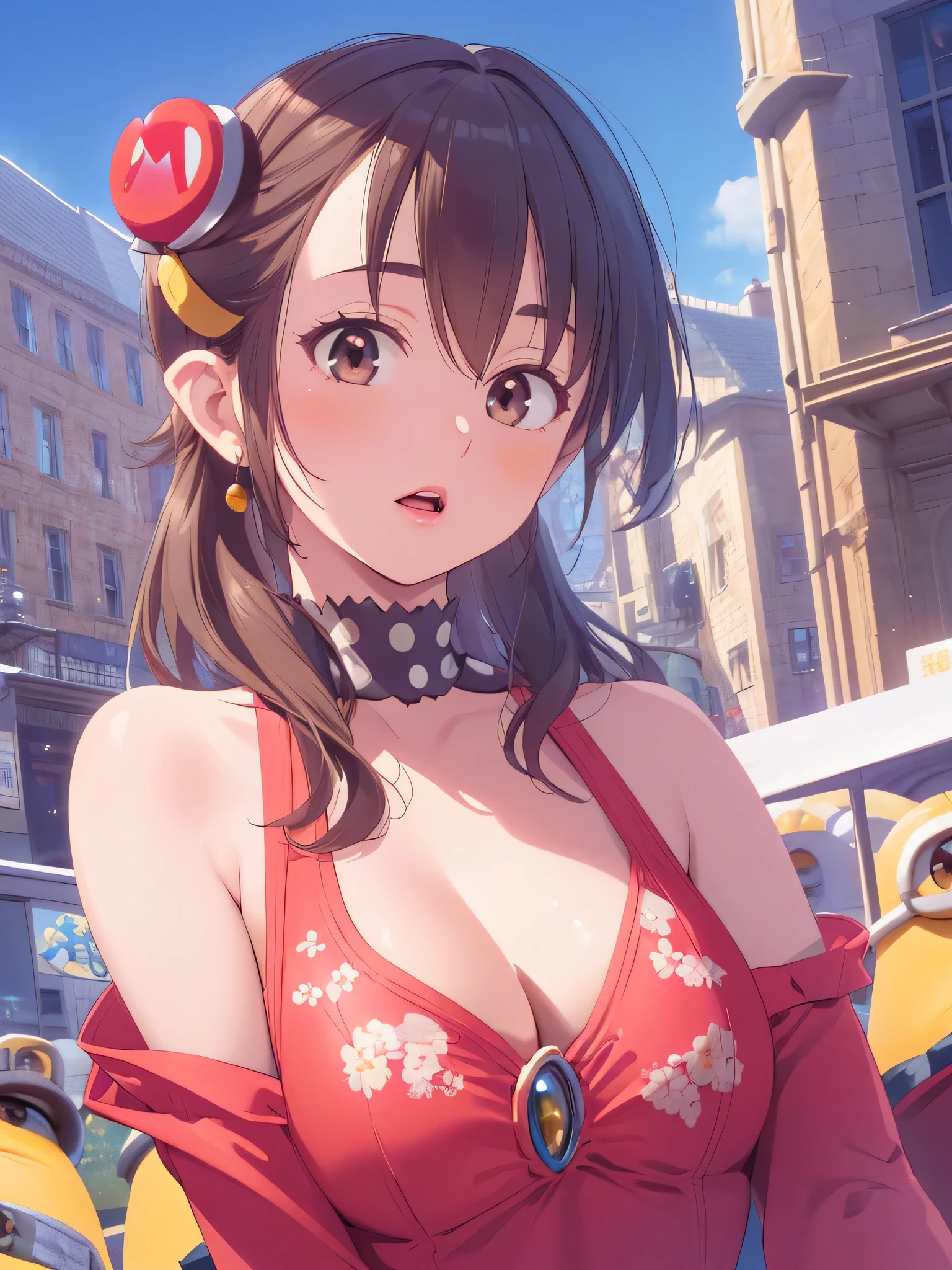 (Best Quality:1.4), Realistic, extremely detailed CG unified 8k wallpaper, ighly detailed, High-definition raw color photos, professional photograpy, Realistic portrait, Cinematic Light, Beautiful detailed, 1girl, Beautiful breasts, (cleavage), (Fine face:1.2), Close up portrait of girl in beautiful clothes with wide open front, Bare shoulders, (Beautiful clothes with wide open chest:1.4), Outdoors, high intricate detailed, Sense of truth, (universal studios Japan, attractions, harry potter, minions, Mario bros wonderland, Mario bros, elmo:1.3), outdoor, Universal Studios Japan scenery, Universal Studios Japan Wonderland, Wonderland, view from below,