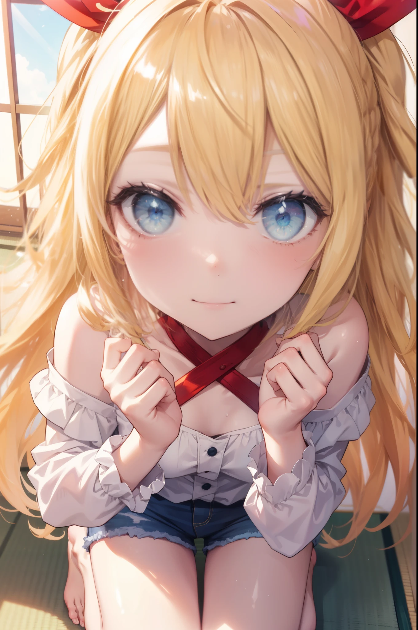 Sengetsukirisaki, chitoge kirisaki, blonde hair, blue eyes, blush,smile,hair ribbon, long hair, red ribbon, ribbon,off shoulder dress,shorts,barefoot,There&#39;s a lot of food on the table,tatamiの上に座ってる,幸せな雰囲気
break indoors, room(tatami),
break looking at viewer, break (masterpiece:1.2), highest quality, High resolution, unity 8k wallpaper, (figure:0.8), (detailed and beautiful eyes:1.6), highly detailed face, perfect lighting, Very detailed CG, (perfect hands, perfect anatomy),