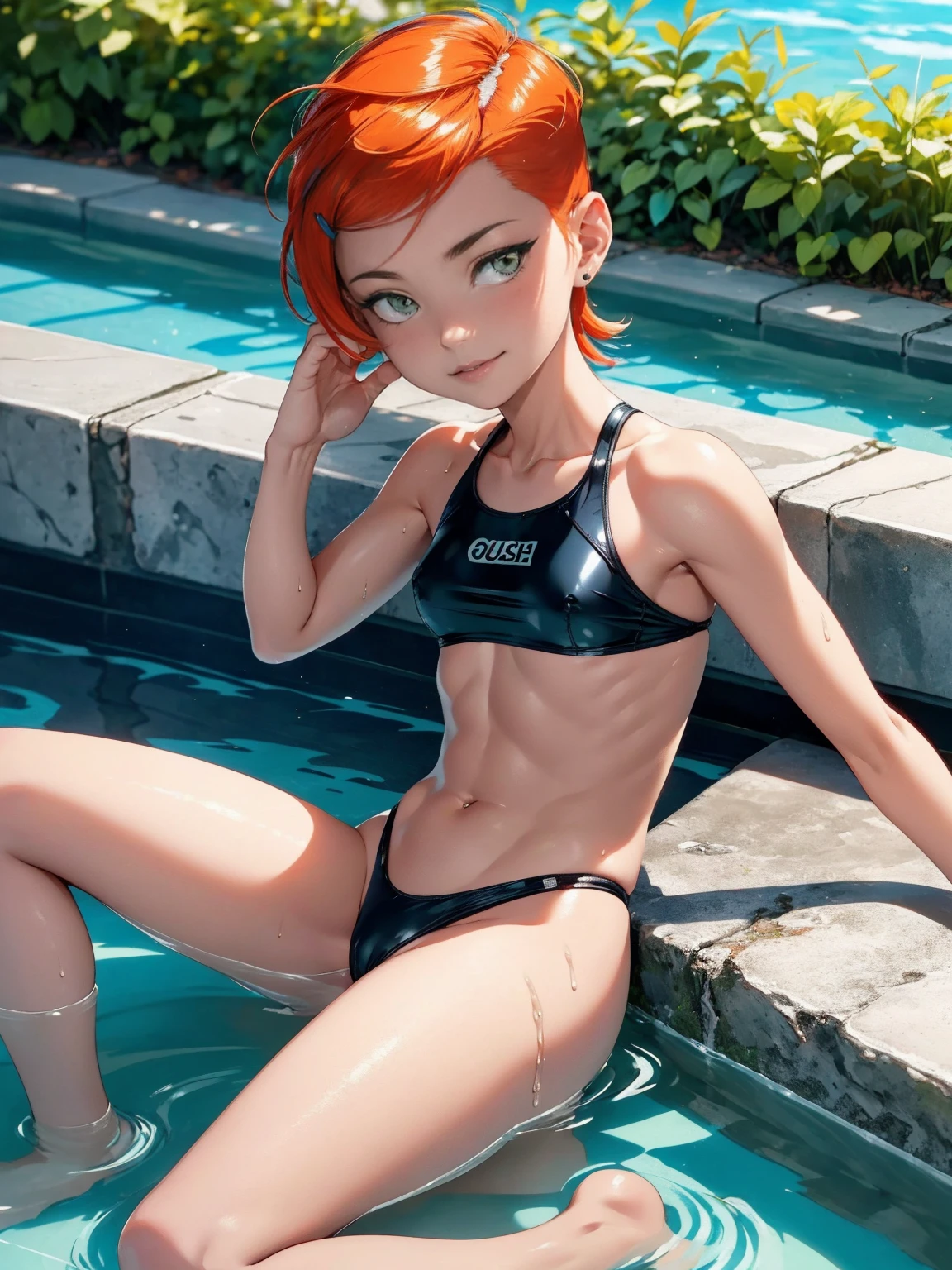 (best quality,4k,8k,highres,masterpiece:1.2),ultra-detailed,(realistic,photorealistic,photo-realistic:1.37),shaved side,fitness body,muscular,swimsuit aside,swimsuit,Gwen Tennyson,short hair,Gloss Body,wet body,dark green eyes,small breasts,pool background,lit by sunlight,lush greenery on the pool edges,rippling water surface,sparkling pool water,playful expression.
