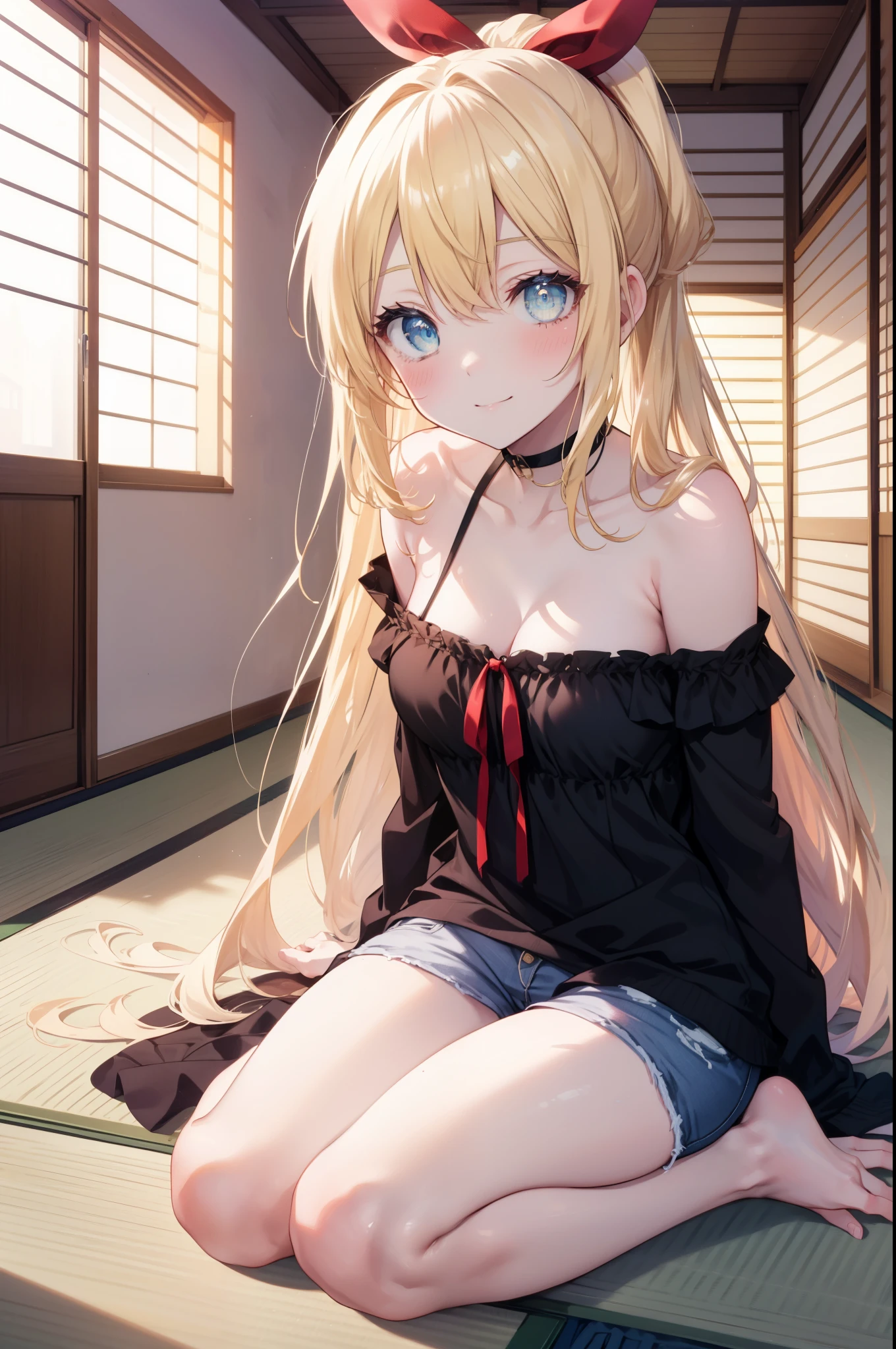 Sengetsukirisaki, chitoge kirisaki, blonde hair, blue eyes, blush,smile,hair ribbon, long hair, red ribbon, ribbon,off shoulder dress,shorts,barefoot,There&#39;s a lot of food on the table,tatamiの上に座ってる,幸せな雰囲気
break indoors, room(tatami),
break looking at viewer, break (masterpiece:1.2), highest quality, High resolution, unity 8k wallpaper, (figure:0.8), (detailed and beautiful eyes:1.6), highly detailed face, perfect lighting, Very detailed CG, (perfect hands, perfect anatomy),