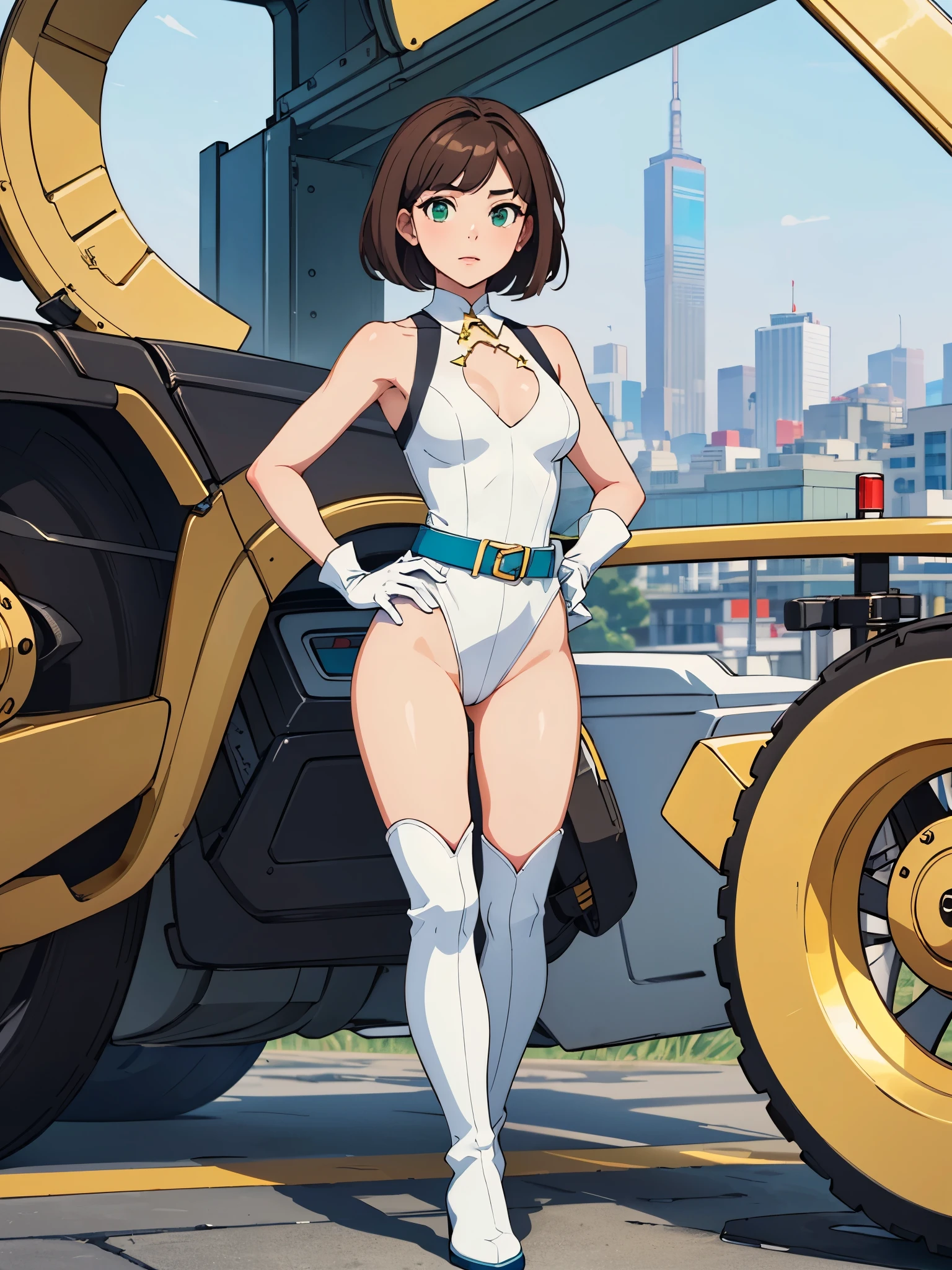 (((pixel-perfect, detail-perfect))), 1girl, superhero, leotard, highleg leotard, ((white and blue leotard)), bare legs, boots, gloves, ((white gloves)), standing, solo focus, (golden belt), hands on hip, full body shot, tokyo city backdrop, sleeveless, ultra highres, absurdres, beautiful face, detailed eyes, symmetric eyes, perfect body, good proportions, mature lady, brown hair, bob hair, ((gold star on chest)), ((green eyes))