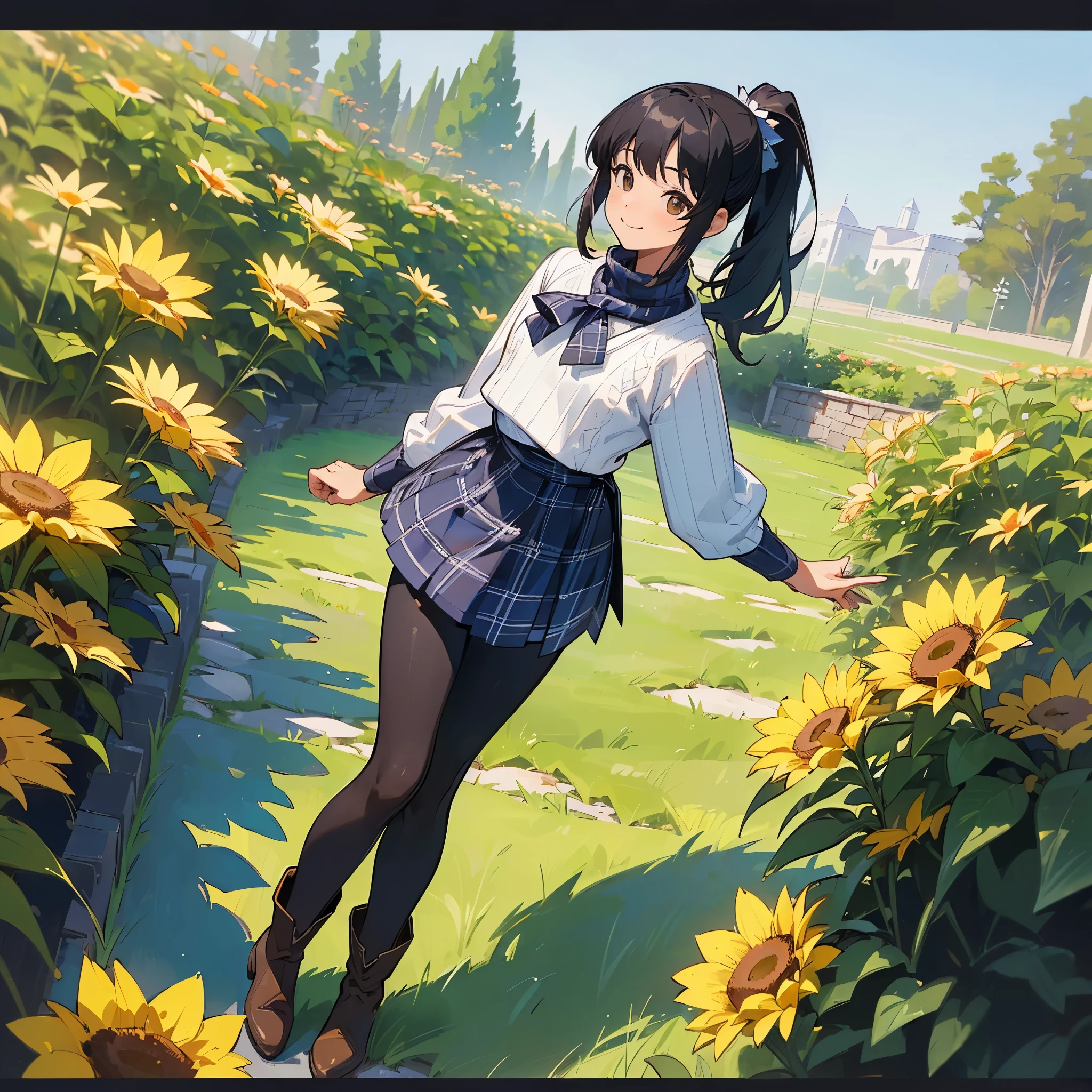 (high quality, high resolution, Super detailed, Reality:1.37), peaceful atmosphere, (outdoor, garden), teenage girl standing alone, (big chest.), beautiful detailed features, cute smile, (black hair ponytail), ribbed sweater, blue plaid skirt, black tights, brown boots.