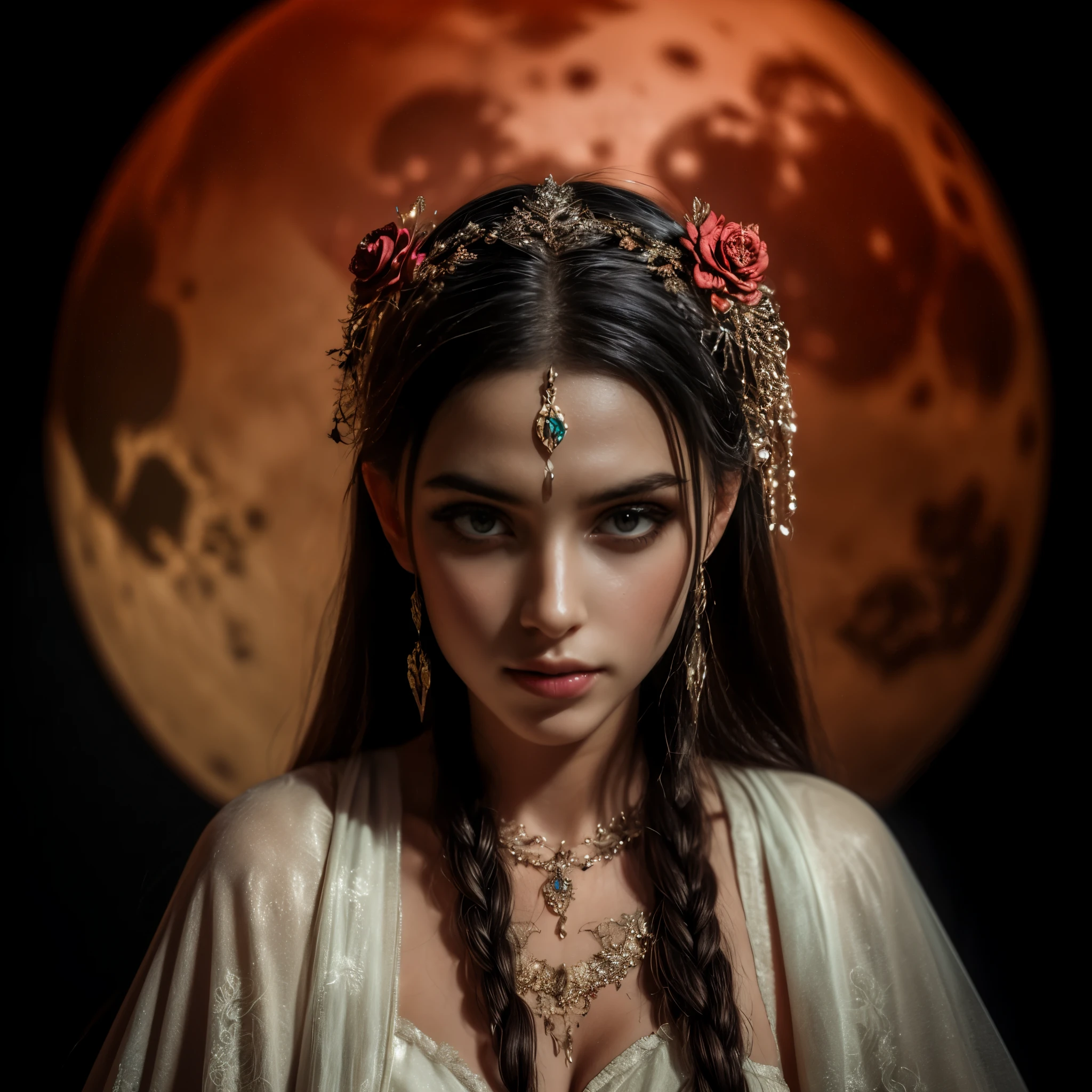 ((hyperrealistic, photorealistic, intricate details, full HD, maximum quality)) A dark elf, with full breasts, full lips, silky pale skin, flowing black hair, with funereal flowers in her hair, beautiful eyes, with a red full moon behind her head ((red moon, intricate details)) and a night sky, wearing a pure white low-cut dress, hyperrealistic dark elf sorceress, photorealistic dark elf, a beautiful goddess of nature under the moonlight of intricate details.