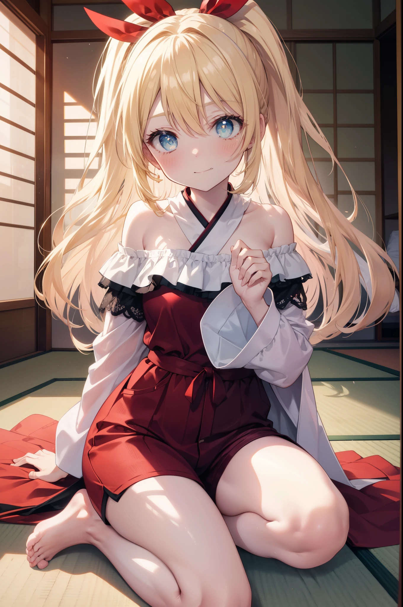 Sengetsukirisaki, chitoge kirisaki, blonde hair, blue eyes, blush,smile,hair ribbon, long hair, red ribbon, ribbon,off shoulder dress,shorts,barefoot,There&#39;s a lot of food on the table,tatamiの上に座ってる,幸せな雰囲気
break indoors, room(tatami),
break looking at viewer, break (masterpiece:1.2), highest quality, High resolution, unity 8k wallpaper, (figure:0.8), (detailed and beautiful eyes:1.6), highly detailed face, perfect lighting, Very detailed CG, (perfect hands, perfect anatomy),