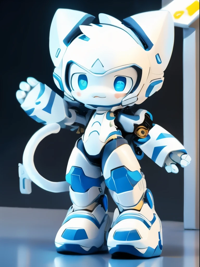 high quality,masterpiece,Mechanical white cat,Cat ears blue stripes,playful expression,Correct tail