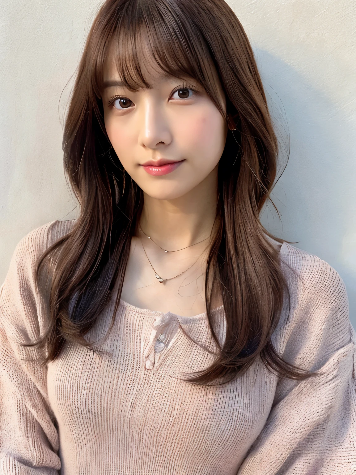 (Highly realistic photos, High resolution, detailed face, fine eyes), ((Taken in front of a white wall))、japanese woman, 40 years old, various expressions, alone:1, slim figure, different hairstyles, casual clothes, Only one person appears in the photo、long sleeve dress、Photographed in natural light、simple necklace、spring clothes、don't look at the camera、profile、pink brown hair color、bob hair