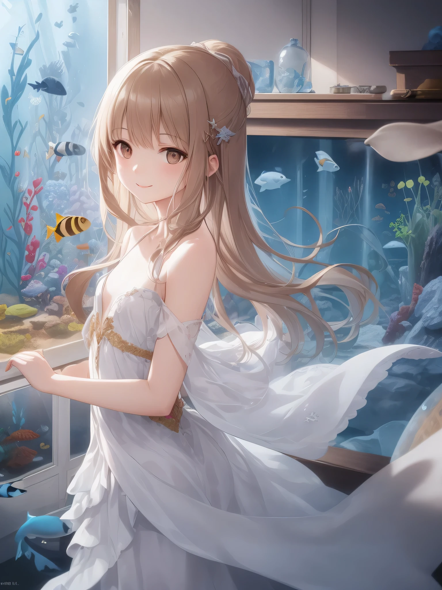 (best quality), (ultra-detailed), (llustration), (detailed light), (an extremely delicate and beautiful), 1ung girl, long hair, brown eyes, (smile slightly, Innocent and cute expression), model, Enchanting, Sublime, Ethereal, fantastic, extremely detailed CG unified 8k wallpaper, High-definition raw color photos, professional photography, (Bokeh), indoors, (aquarium), whale shark, shark, small fish, napoleon fish, Backlighting, depth of fields,