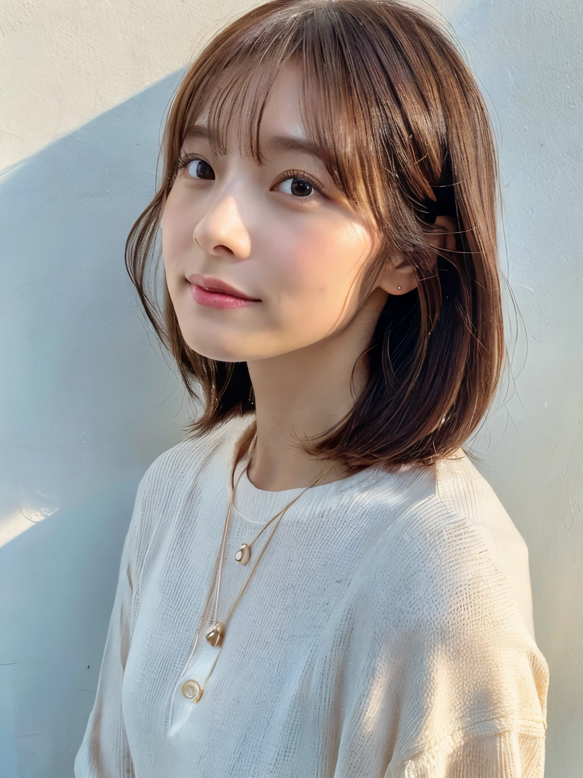 (Highly realistic photos, High resolution, detailed face, fine eyes), ((Taken in front of a white wall))、japanese woman, 40 years old, various expressions, alone:1, slim figure, different hairstyles, casual clothes, Only one person appears in the photo、long sleeve dress、Photographed in natural light、simple necklace、spring clothes、don't look at the camera、profile、pink brown hair color、bob hair