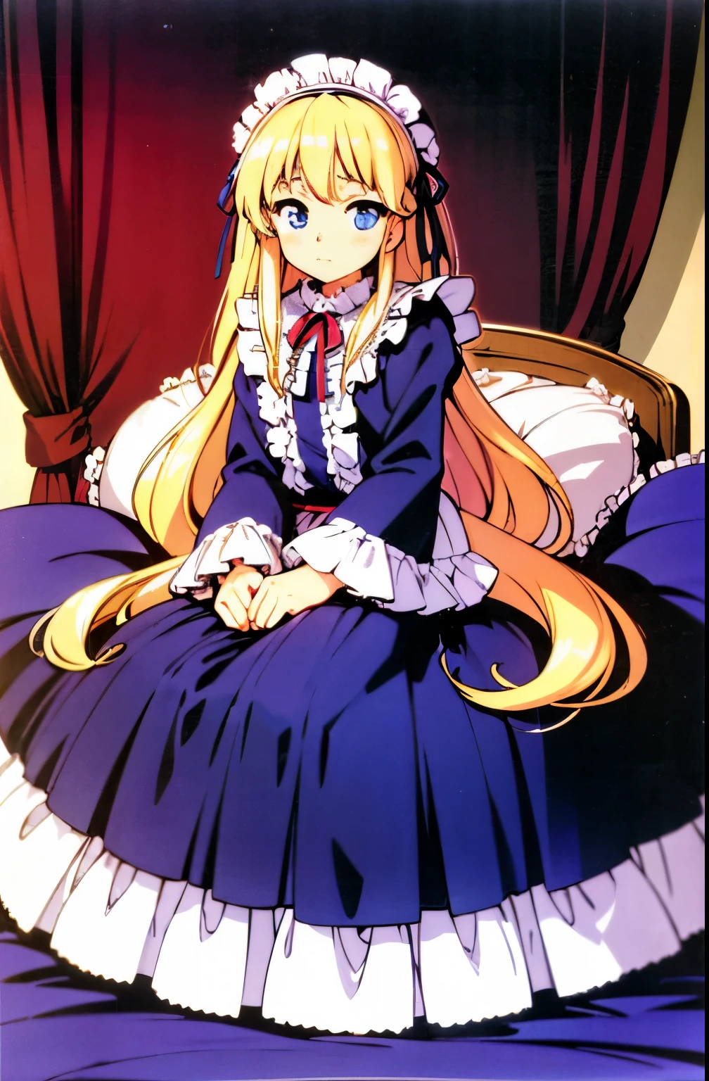 ,highest quality, masterpiece, highest resolution, artwork, super それにget used to it, many get used to it, get used to it, それにget used to it, 3K anime illustration,(( 10 year old girl)),Super detailed baby face,high quality small face,long blonde hair that grows to the waist,blue eyes,白い肌のeuropean,pajamas, european,(((super long blonde hair))),curly hair,blue eyes,((((ピンクのロリータファッションのlong skirtのワンピースドレス)))),((Pink dress with plenty of frills and ribbons)),((Luxurious headdress with frills and ribbons)),Detailed headdress,,(((big yoke collar))),Yoke collar with ruffles and ribbons,((((long sleeve)))),ruffle sleeves,((((long skirt)))),white ruffle and lace socks,large frill and ribbon pillow,detailed costume,ピンクの贅沢なcanopy bedの上,canopy bed,The bed is surrounded by luxurious curtains,many frilly pillows on the bed,super detailed background,detailed bed,romantic atmosphere,soft pink comforter,soft ruffle pillow,Beautiful girl illustration,detailed beautiful face detailed hair,detailed human eye ,detailed mouth, arm details,fine hands,Detailed pillow,wide bed,Illustration on the bed, ,((((round futon)))),((((A large ruffled futon that covers the entire bed)))),detailed comforter,detailed bedシーツ,