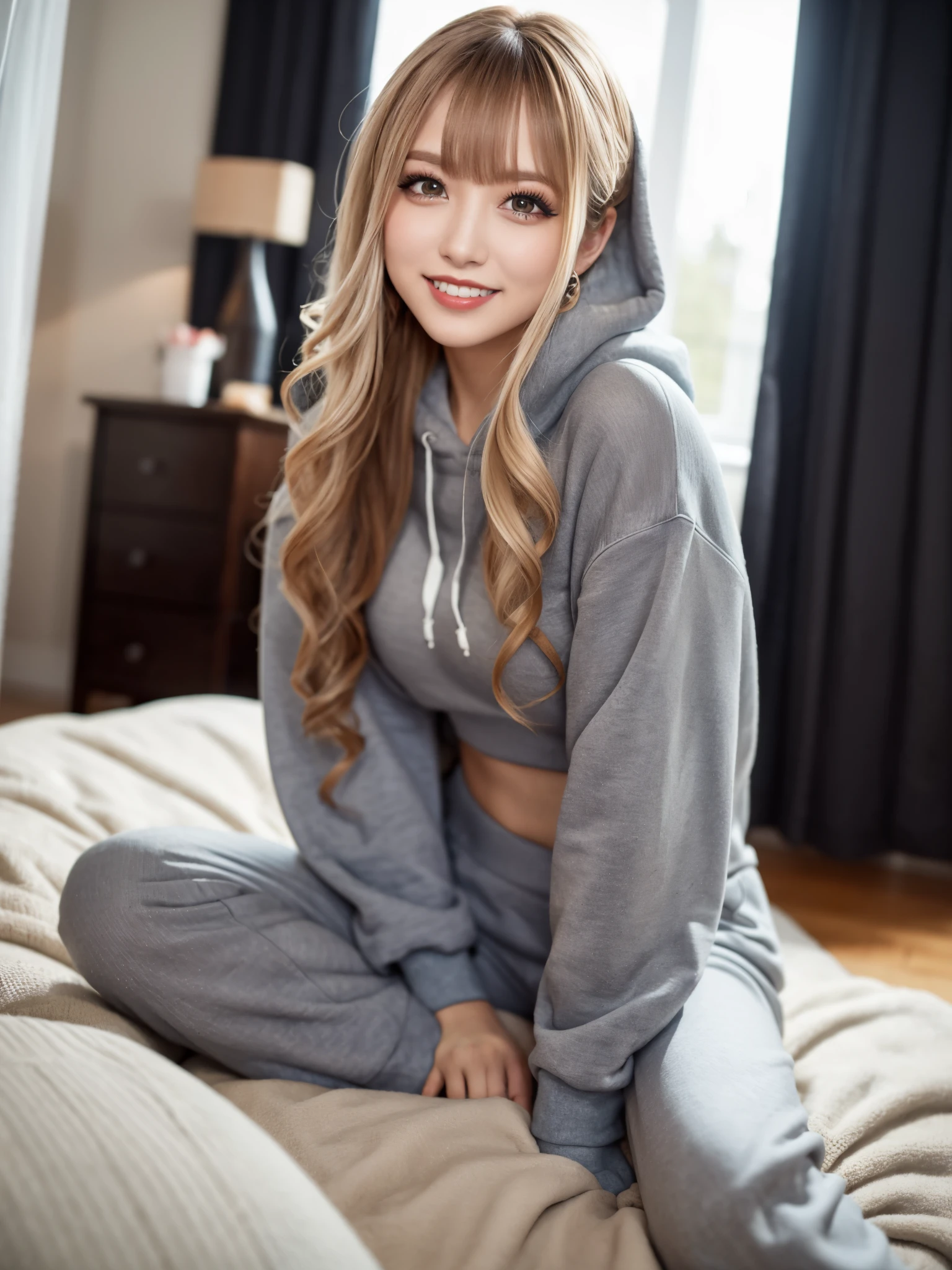 (Raw photo,realisitic, Photorealsitic: 1.4, masterpiece, best quality), 8K, 1 Beautiful Japanese gal, solo, 20years old, Charming Smile, Pretty Medium breasts, Beautiful detailed round eyes, Drooping Eyes1.4, Long blonde hair, wavy hair, (Highly Detailed Face and Skin Texture), dark skin, ndge, wearing a oversized gray hoodie, gray sweat pants, her room, day, sunny day, full body, random charming posing, (looking at viewer:1.4)