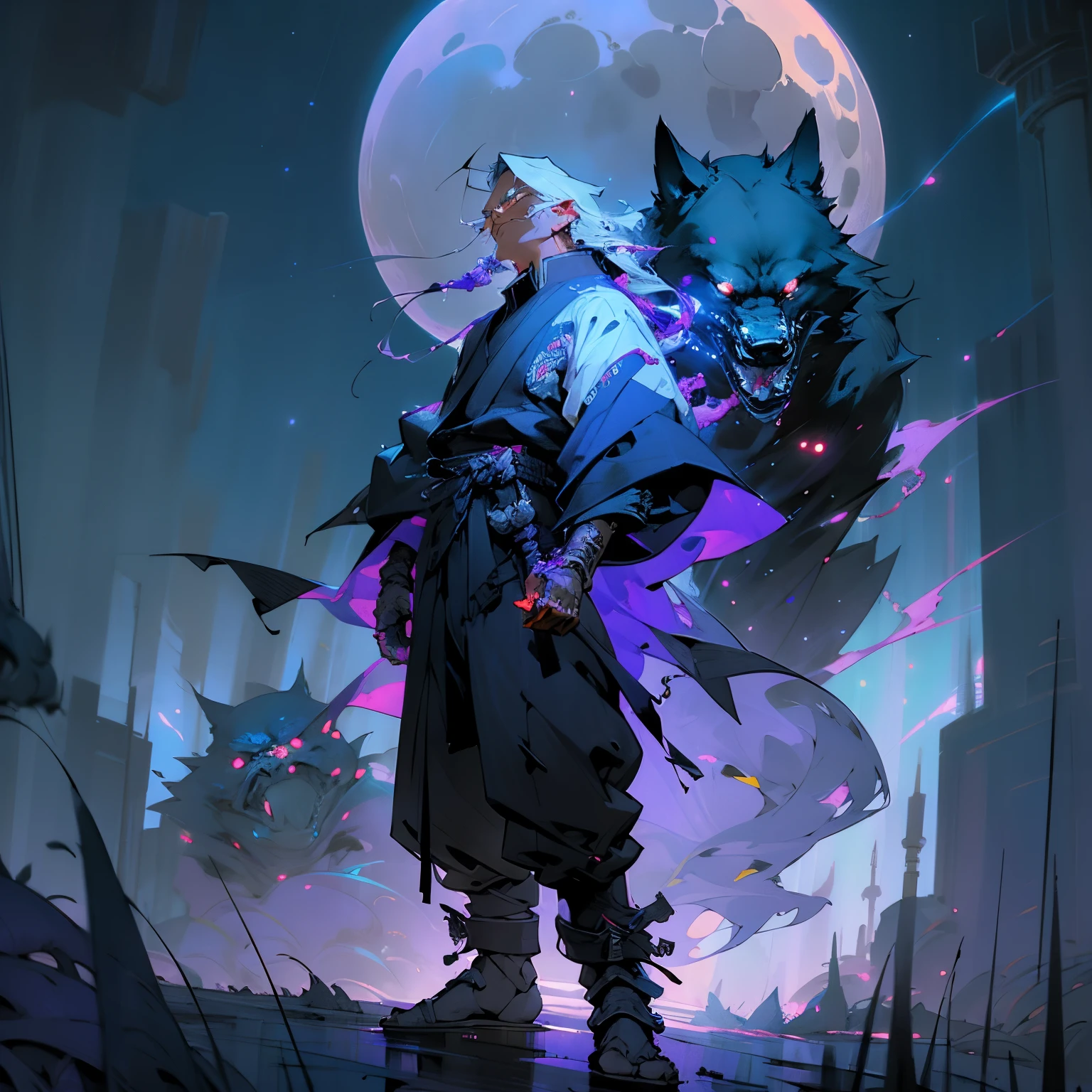 Every brave from cybernetic werewolf Samurai with a flowing purple black electric cosmic cloak standing underneath the starry Sky and it destroyed full moon over a Neo Tokyo landscape