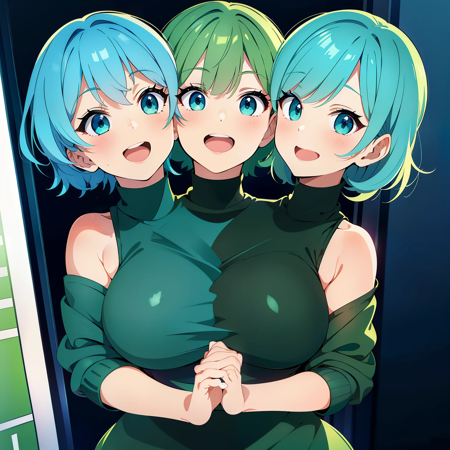 (masterpiece),(ultra-detailed), (high quality), (high resolution), (best quality:1.5, highres, UHD), highres, absurdo, ultra detail, ultra quality, Ultra resolution, 16k, ((2heads:1.5)), teal hair, blue green hair, different hairstyles, turquoise eyes, casual wear, (turquoise turtleneck), strong and confident expressions, ((kindergarten )), smiling, open mouth, sticking out tongue, green construction helmets, ((two headed girl))
