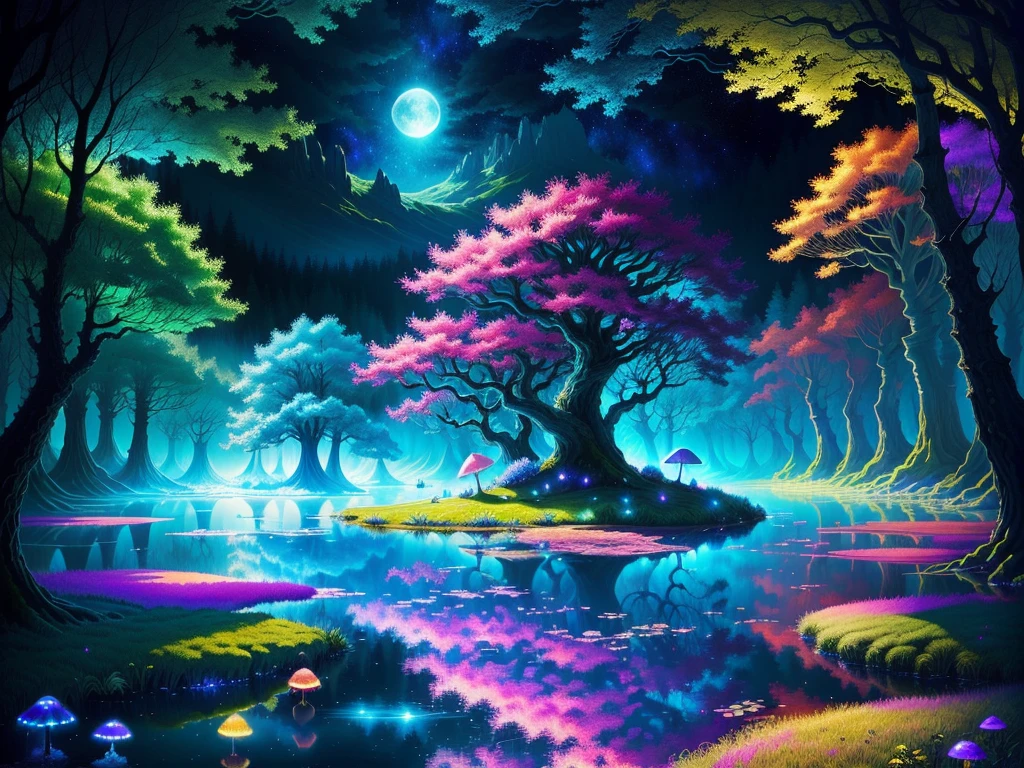 A fantasy scene painting with a lake and full moon, psychedelic mushroom dream, Detailed dreams, psychedelic landscape, Whimsical and psychedelic, magical world. rich and colorful, Magic forest background, psychedelic forest, surreal dream, This is a deep dream, Magical fairy tale background, magical background, psychedelic aesthetic, Magic fantasy very detailed, Rainbow fireflies, Magical fantasy forest