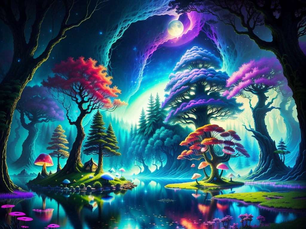 A fantasy scene painting with a lake and full moon, psychedelic mushroom dream, Detailed dreams, psychedelic landscape, Whimsical and psychedelic, magical world. rich and colorful, Magic forest background, psychedelic forest, surreal dream, This is a deep dream, Magical fairy tale background, magical background, psychedelic aesthetic, Magic fantasy very detailed, Rainbow fireflies, Magical fantasy forest