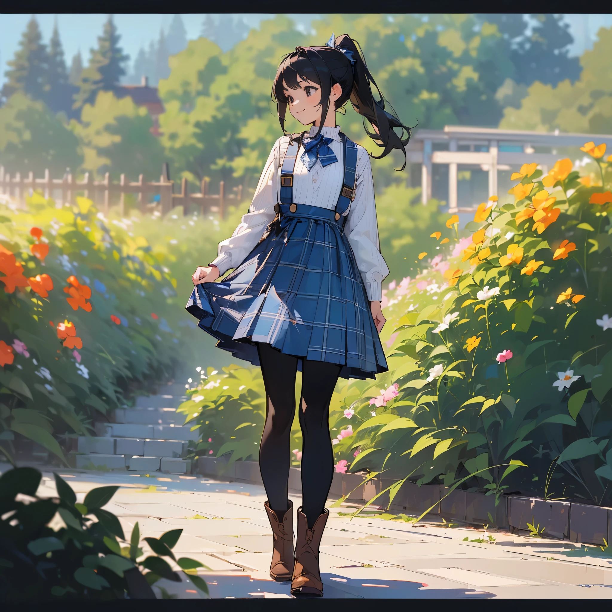 (high quality, high resolution, Super detailed, Reality:1.37), peaceful atmosphere, (outdoor, garden),  girl standing alone, (big chest.), beautiful detailed features, cute smile, (black hair ponytail), ribbed sweater, blue plaid skirt, black tights, brown boots.