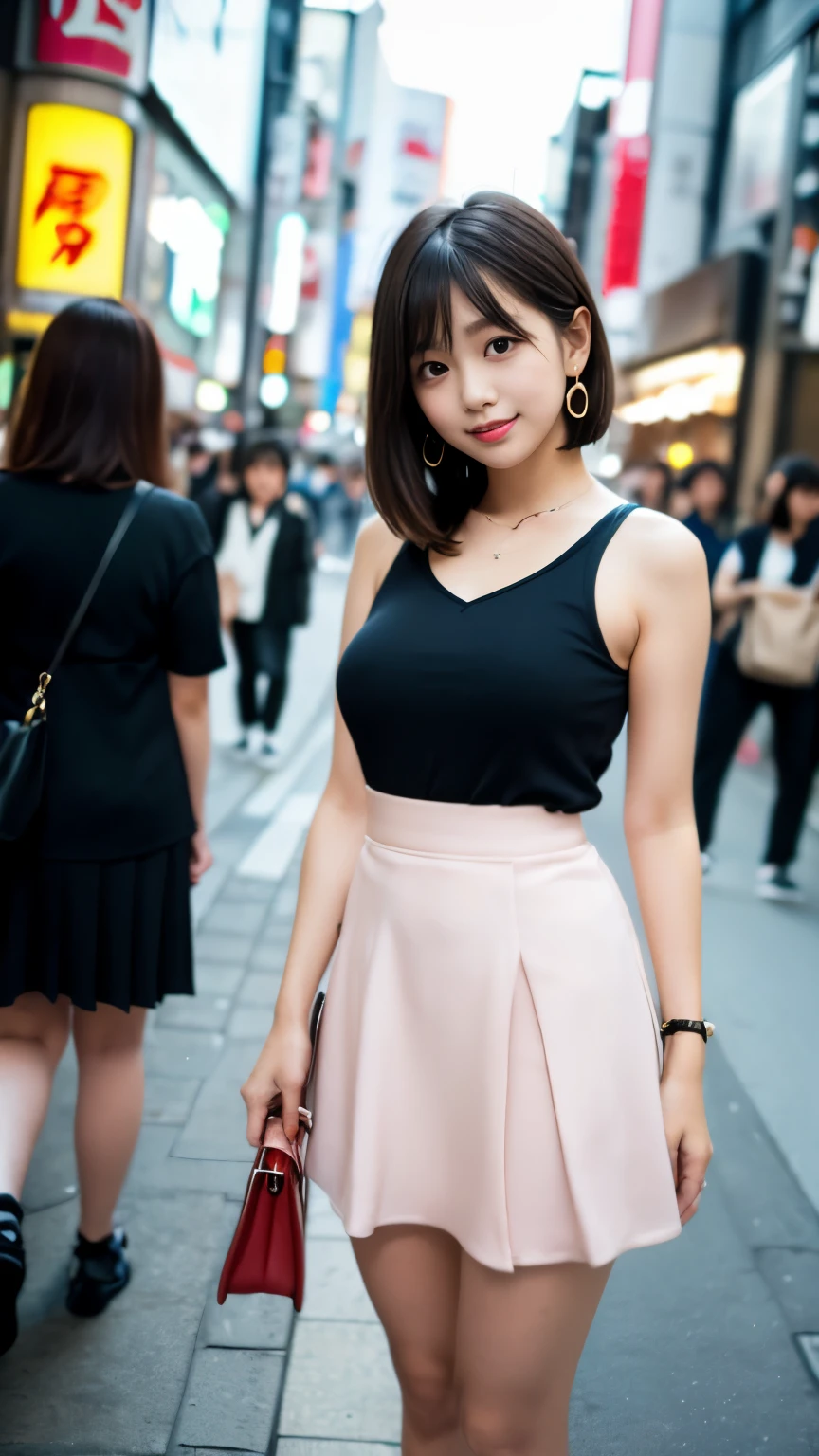(Surrealism, RAW photo, Incredibly absurd, Nikon, 8k, super detail, masterpiece, intricate details), 
(anatomically correct, perfect human body, beautiful and cute face, silky skin), 
(16 years old, Japanese girl, idle face, Haruka Fukuhara, slim waist and busty body, Slender legs, large breast, baby face), 
((round face, black hair, short bob cut, bangs, Down-slating eyebrows, Moist eyes, Shining eyes, one little earring, light blush)), 
(street snap, random pose, flashy pose), 
(look down at the viewer, look at camera, close eyes and smile), 
((Colorful micro mini skirt, flashy teenage outfits, small bag)), 
(Tokyo, Shibuya, Main street, very crowded road), 
Natural lighting, full length, whole body, angle from below