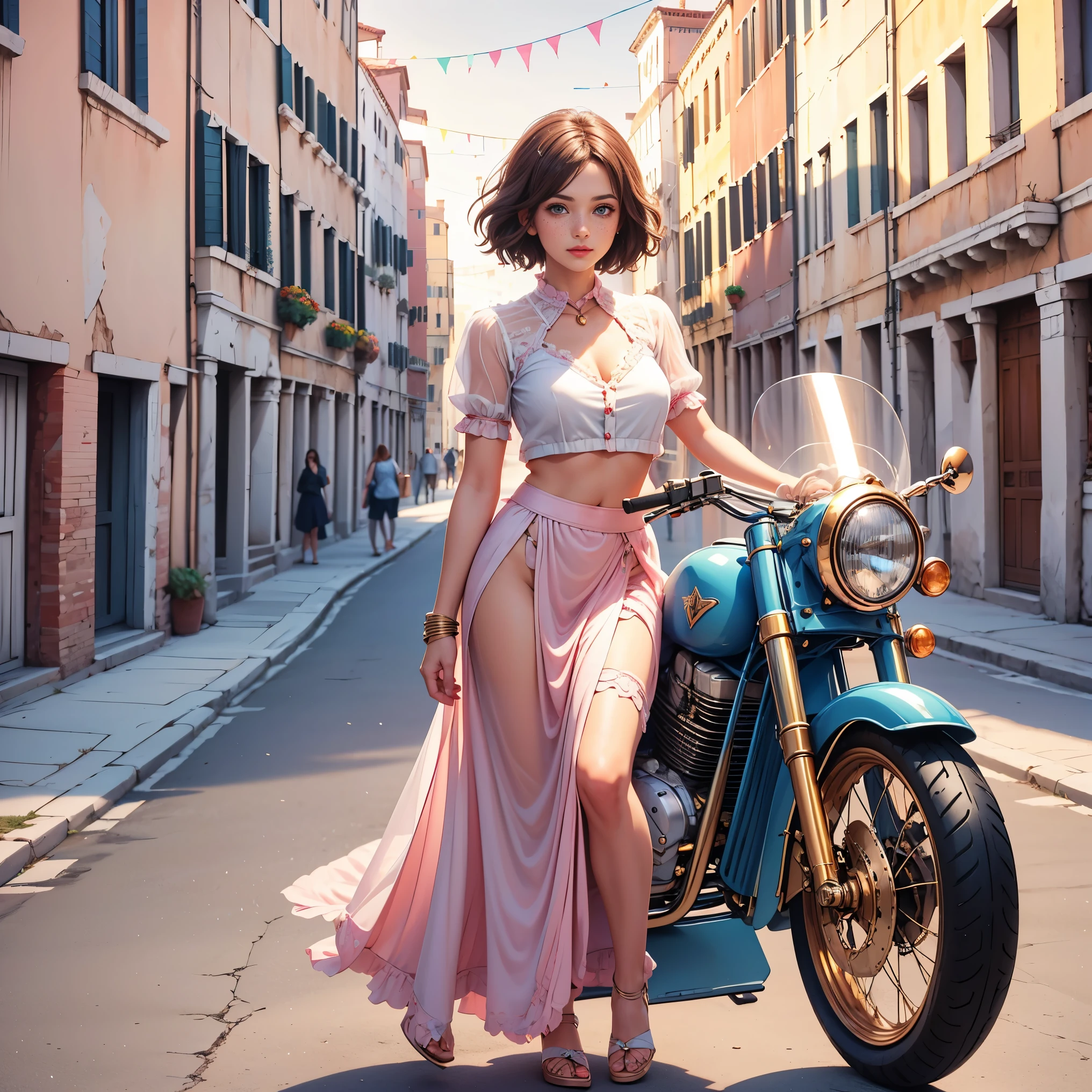 (((realistic))), (a girl stand front a vintage motor bike:1.65), girl focus, ((see through white frilly shirt:1.3), (full shot), (pink maxi satin skirt:1.3), nudity, (sweaty)), (flashing panty:1.2), 25 years old, (beautiful puffy clouds, sunset sky), (dusk, venice alley background:1.5), (, slim, thin body, puffy nipple:1.3), (photography, realistic, bokeh, blur), ((wavy short bob cut)), (cenimatic lights, soft lights:1.3)