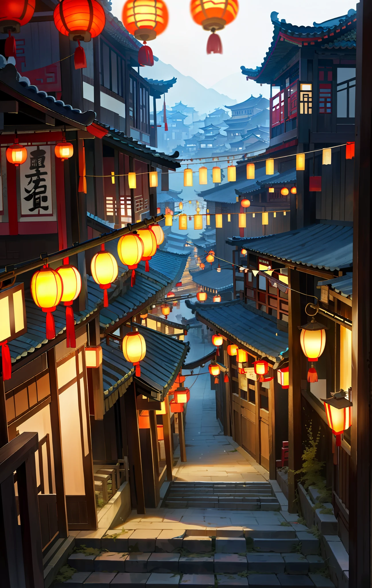 Alavid view of streets with many houses, and lanterns, Chinese town, Chinese village, old asian village, chinese village, chinese town, quaint village, village, ancient city street behind her, by Han Gan, a bustling magical town, realistic photo of a town, beautiful rendering of Tang dynasty, 8K HD, hyper detail, real photography, 16k resolution