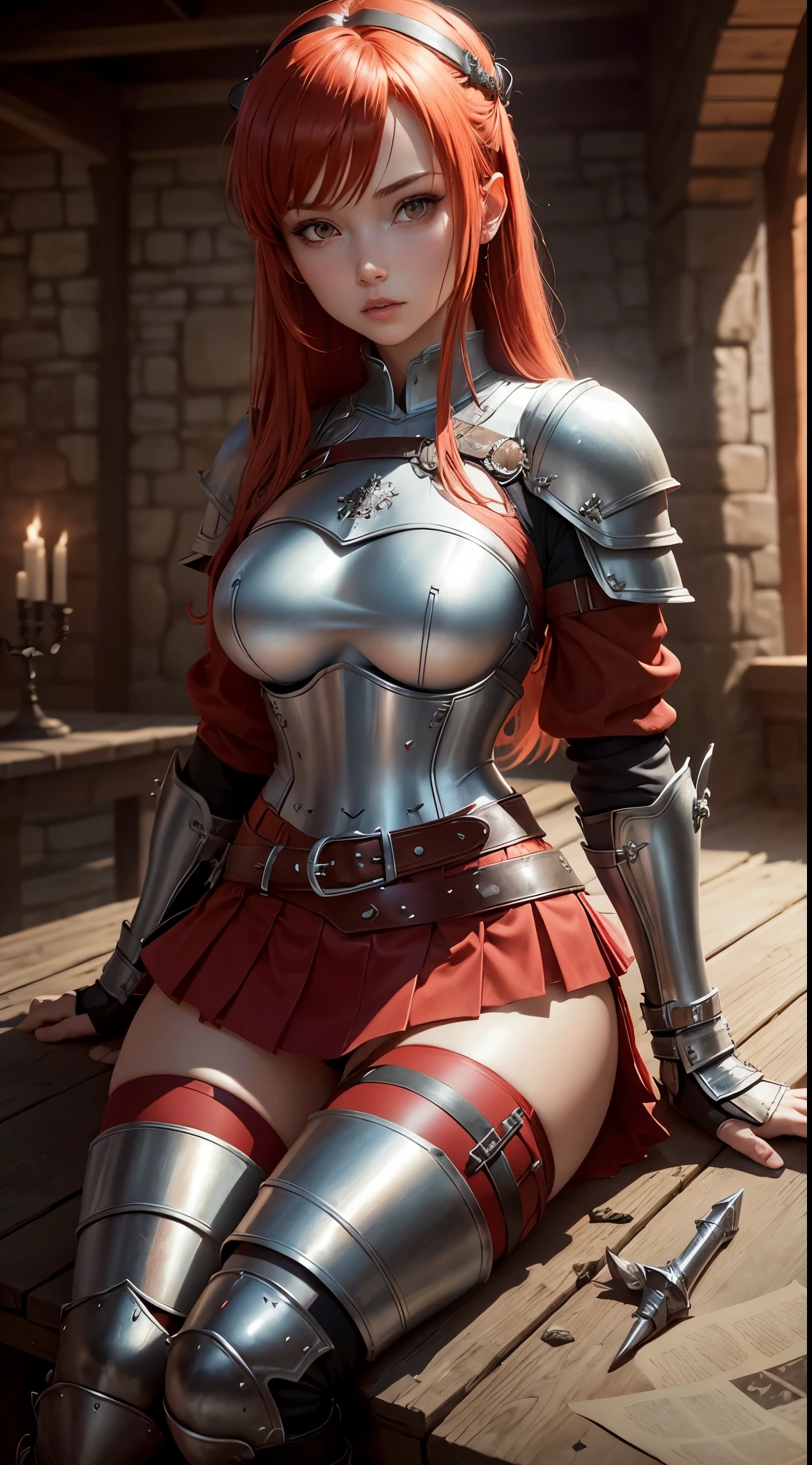 Red-haired warrior girl, young girl, pretty face, thin girl, pretty girl, skinny girl, She's wearing a plate armor, medieval armor, steel breastplate, steel gauntlets, steel gloves, (red miniskirt: 1.5), (sitting, spread her legs: 1.1), (her panties are showing: 1.2), you can see her panties, underwear, pantyshot, upskirt, (cameltoe: 1.3), (white panties), panties appearing, medieval fantasy, Dungeons and dragons, RPG character, best quality, (masterpiece), 8k