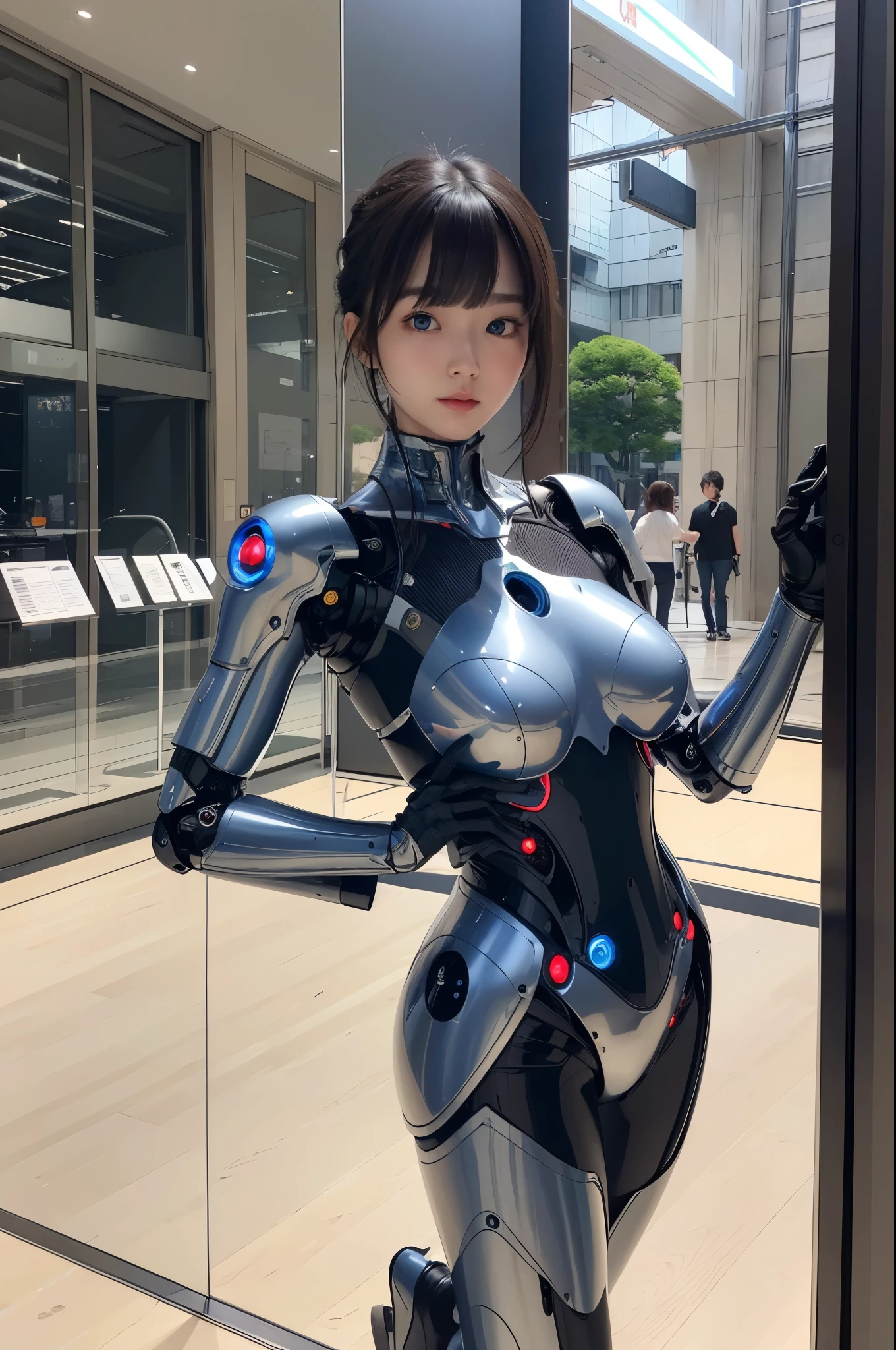 masterpiece, Best Quality, Extremely detailed, 8K portrait,Japaese android girl,Plump , control panels,Robot arms and legs, Blunt bangs,Charging spot,She has charged energy,She is exhibits,museum hall,blue eyes