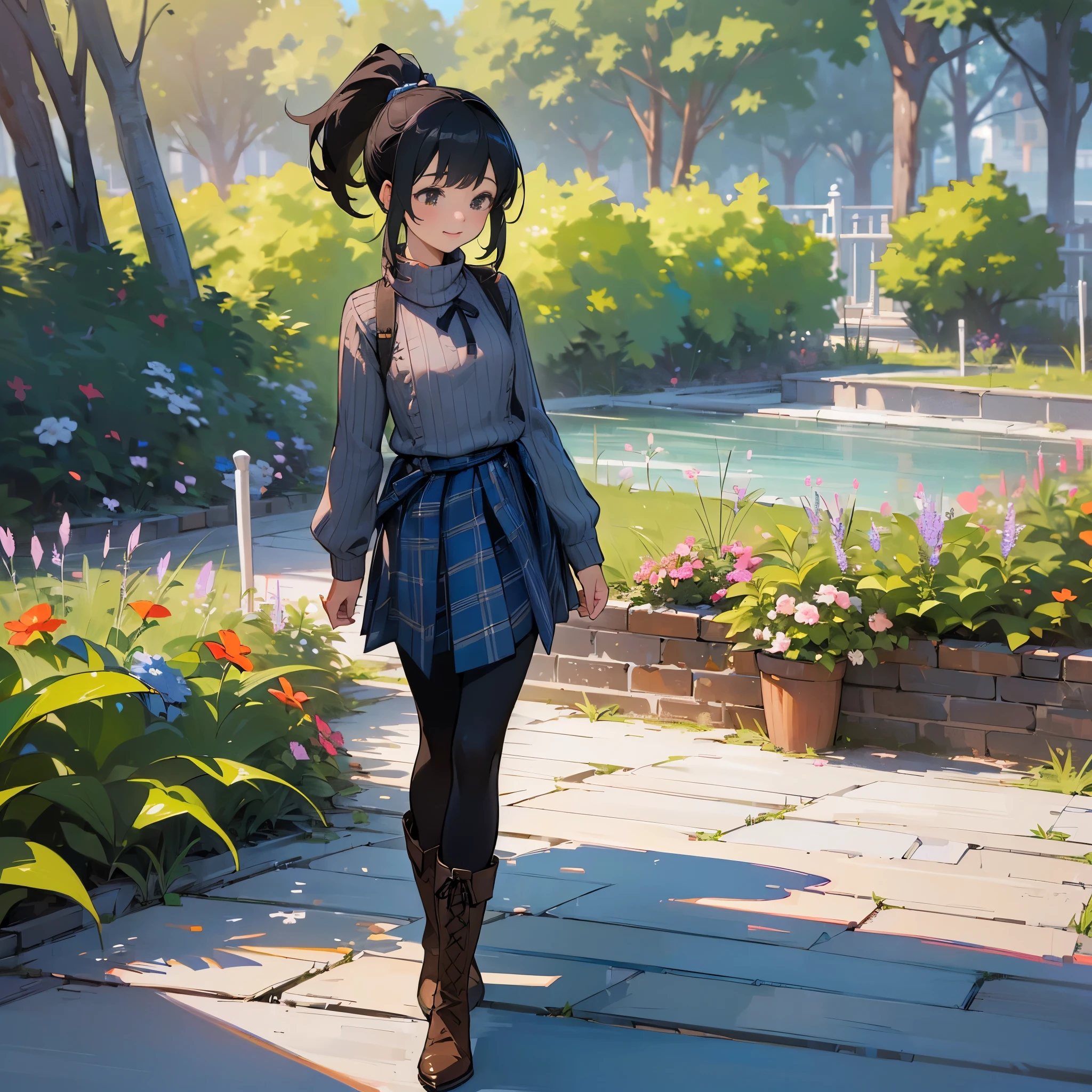 (high quality, high resolution, Super detailed, Reality:1.37), peaceful atmosphere, (outdoor, garden), girl standing alone, (big chest.), beautiful detailed features, cute smile, (black hair ponytail), ribbed sweater, blue plaid skirt, black tights, brown boots.