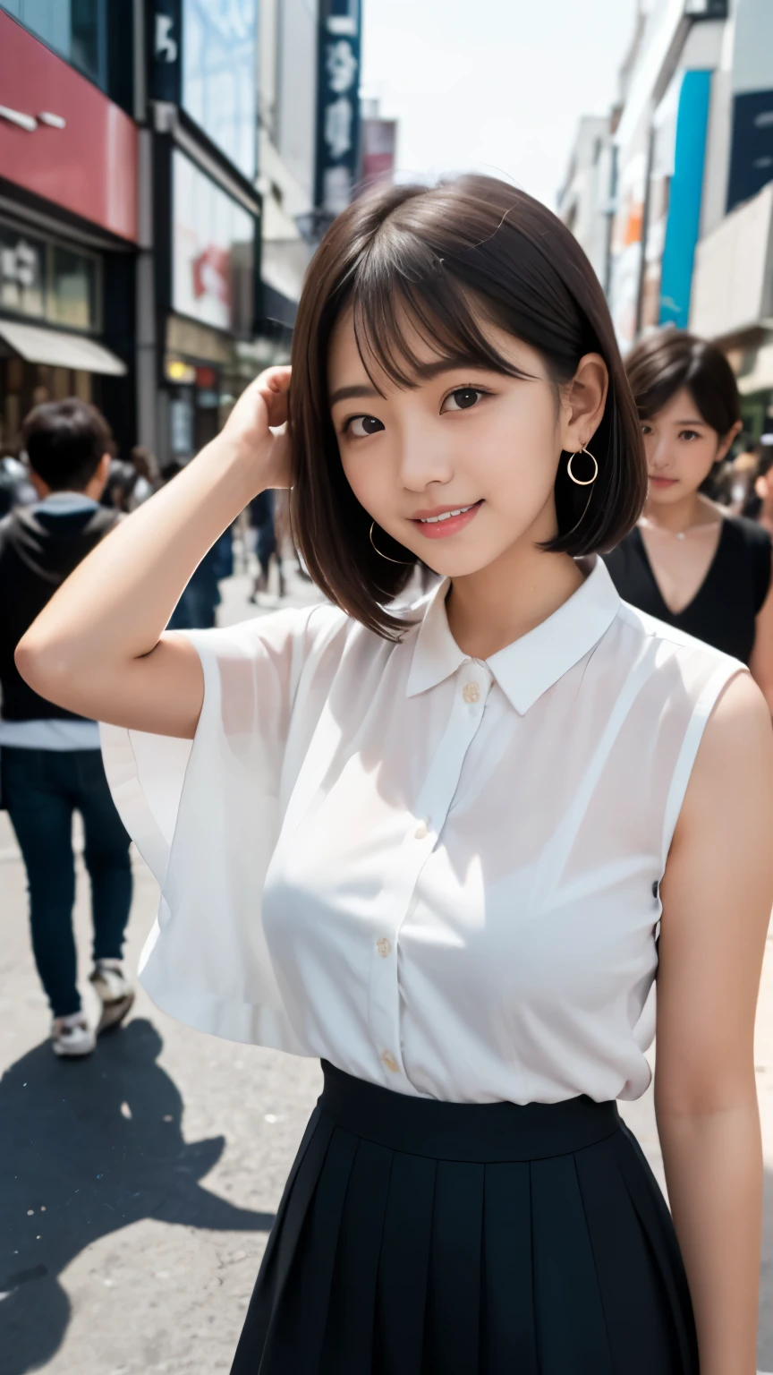 (Surrealism, RAW photo, Incredibly absurd, Nikon, 8k, super detail, masterpiece, intricate details), 
(anatomically correct, perfect human body, beautiful and cute face, silky skin), 
(************, Japanese girl, idle face, Haruka Fukuhara, slim waist and busty body, Slender legs, large breast, baby face), 
((round face, black hair, short bob cut, bangs, Down-slating eyebrows, Moist eyes, Shining eyes, one little earring, light blush)), 
(street snap, random flashy pose), 
(look down at the viewer, look at camera, close eyes and smile), 
((Colorful micro mini skirt, flashy teenage outfits, small bag)), 
(Tokyo, Shibuya, Main street, very crowded road), 
Natural lighting, full length, whole body, angle from below