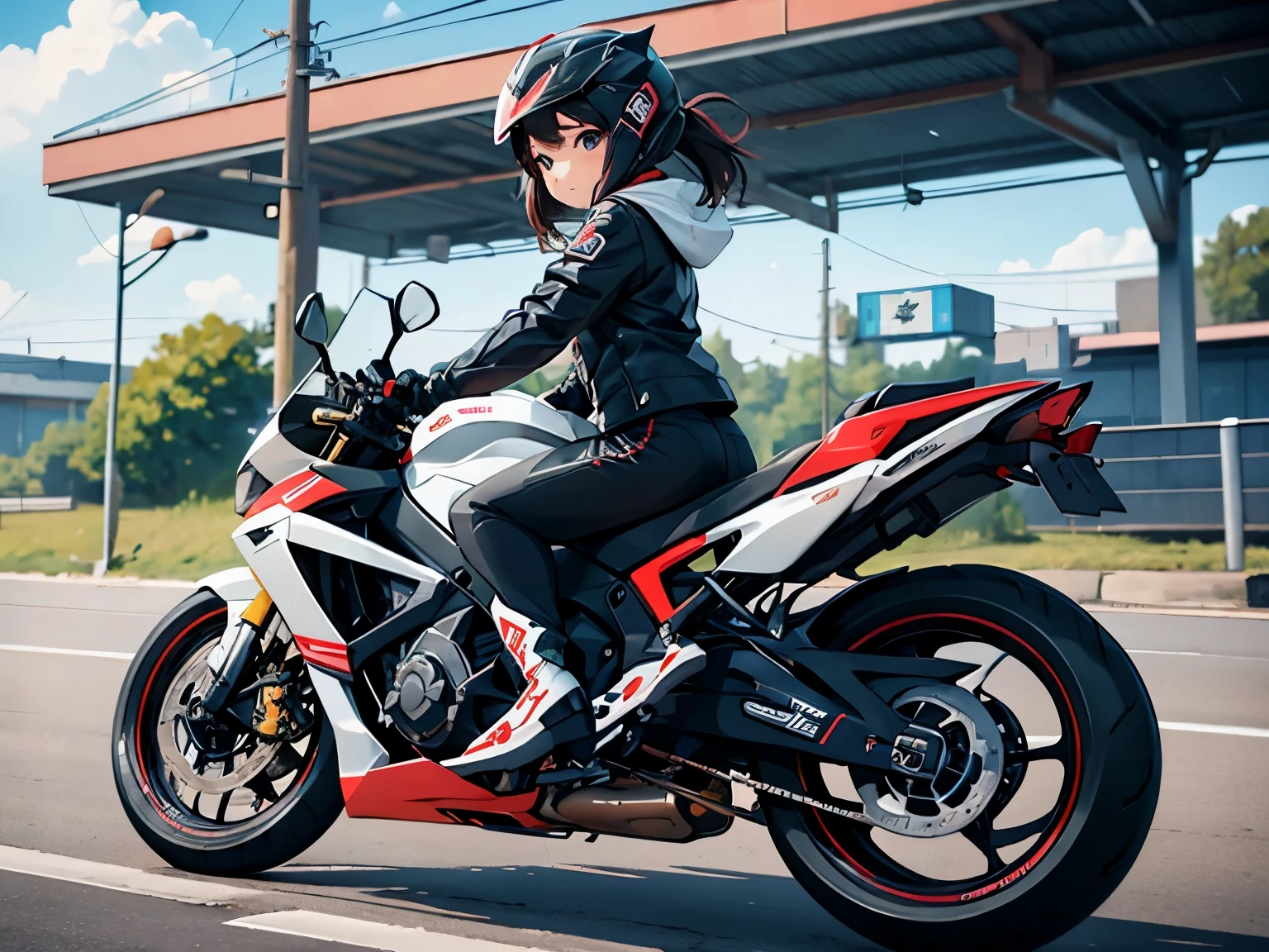 girl riding a motorcycle、wear a half helmet、wearing a jacket、roadside station,Drive your bike fast around town