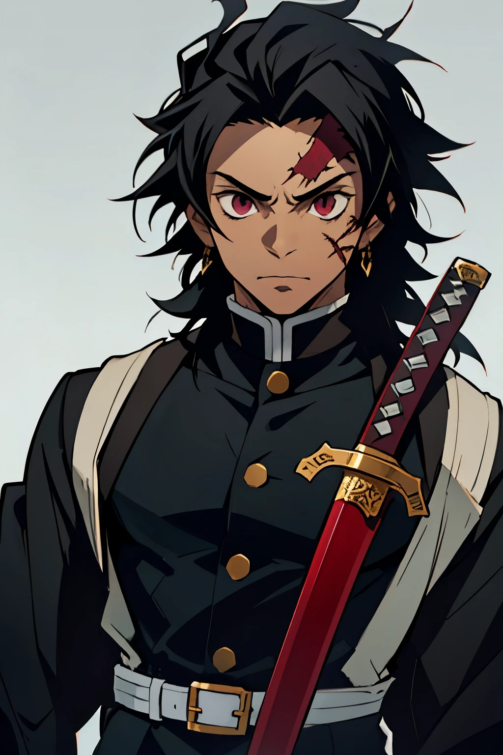 black young man, normal face, bored face, black hair, messy hair, scar on face, demon slayer uniform, strong, sword, young man