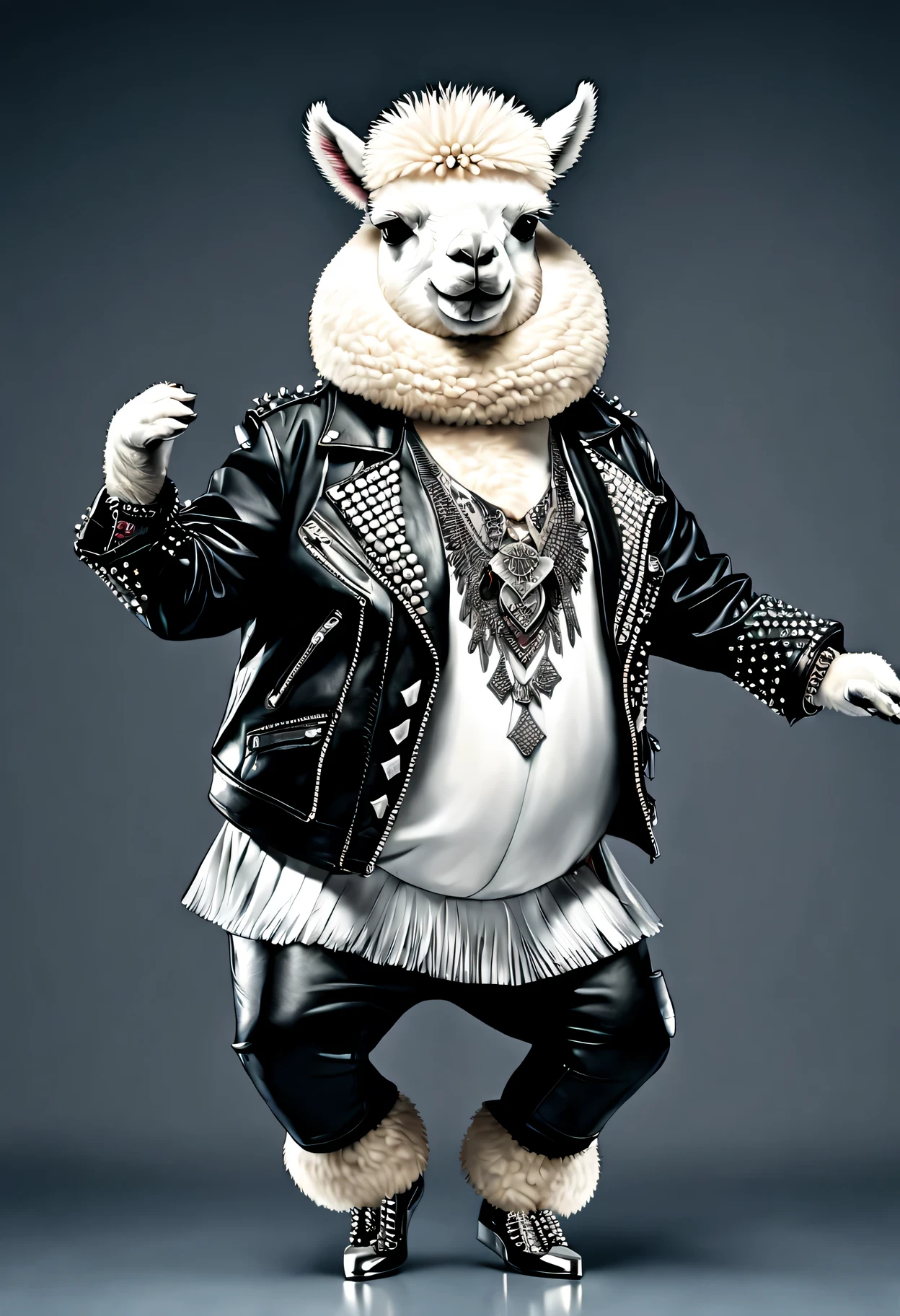 photorealistic portrait of Dressed animals - a ((fat)) white alpaca punk-rocker, (full body image:1.5), (dancing action pose:1.5), Wearing a tailored black leather jacket featuring intricate silver stud patterns reminiscent of sacred symbols, adorned in a modern punk-rock ensemble,, detailed and opulent description of modern punk-rock style, studio lighting, intricate ornate accessories, simple background