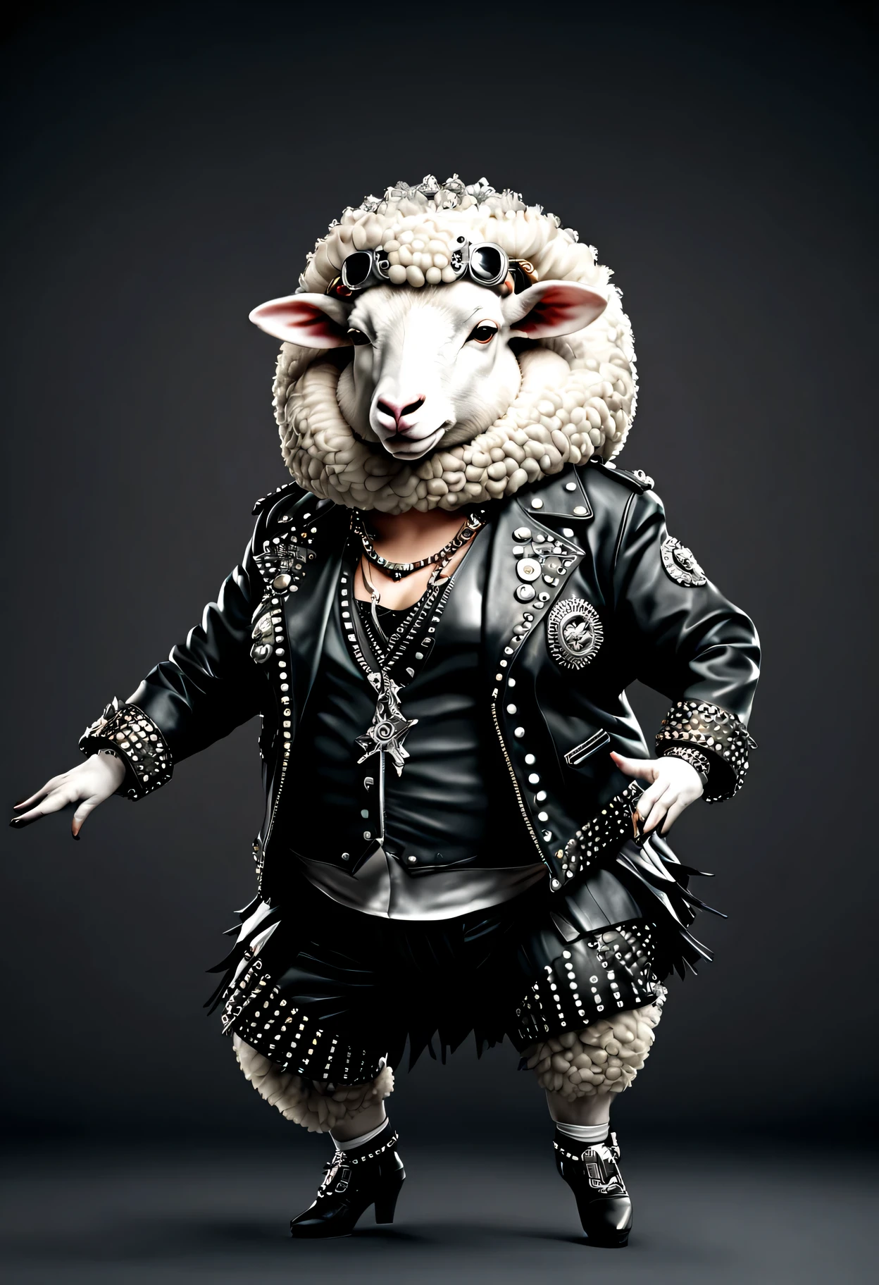 photorealistic portrait of Dressed animals - a ((fat)) sheep punk-rocker, (full body image:1.5), (dancing action pose:1.5), Wearing a tailored black leather jacket featuring intricate silver stud patterns reminiscent of sacred symbols, adorned in a modern punk-rock ensemble,, detailed and opulent description of modern punk-rock style, studio lighting, intricate ornate accessories, simple background