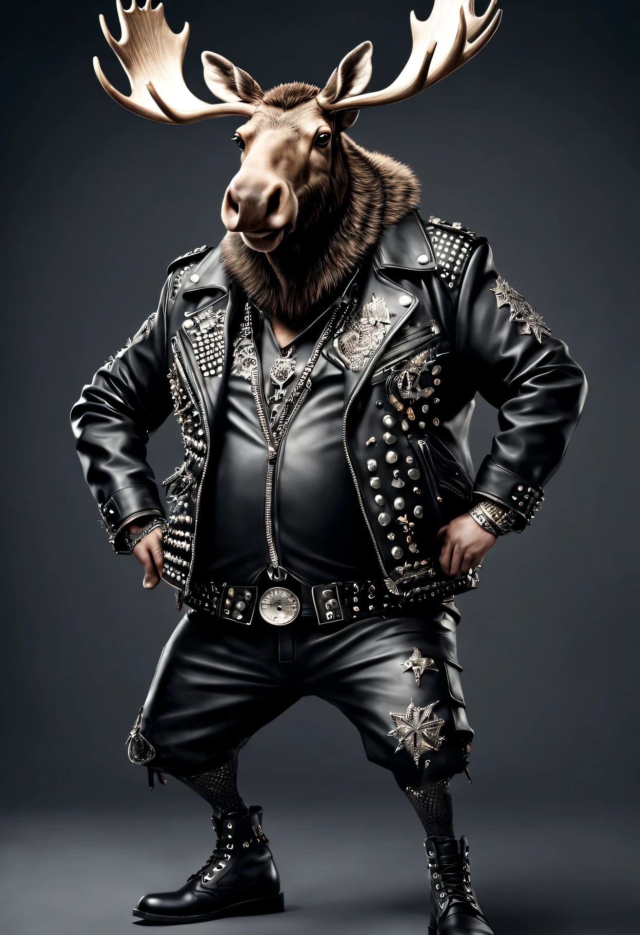photorealistic portrait of Dressed animals - a ((fat) moose punk-rocker, (full body image:1.5), (dancing action pose:1.5), Wearing a tailored black leather jacket featuring intricate silver stud patterns reminiscent of sacred symbols, adorned in a modern punk-rock ensemble,, detailed and opulent description of modern punk-rock style, studio lighting, intricate ornate accessories, simple background