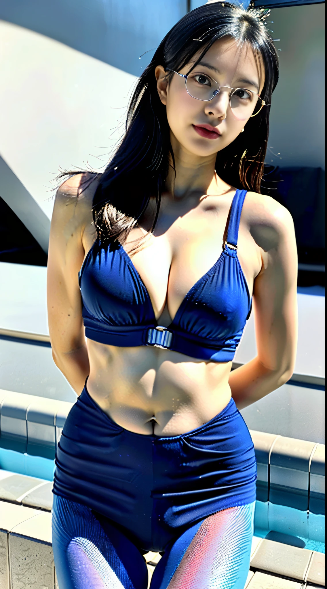 (royalblue colored competitive swimsuit:1.3), (one-piece designed competitive swimsuit:1.6), (nylon swimsuit:1.2),
(realistic pantyhose under her competitive swimsuit:1.5), (covered full breasts with swimsuit:1.8), (huge breasts:1.8), (large buttocks:1.2), (perfect shaped buttocks:1.4), (Raised pubic mound:1.8), (Her erect nipples are pushing out the competitive swimsuit fabric:1.4), (a beautiful woman wearing glasses:1.4), Under 30 years old, straight black hair, slanted eyes, upturned eyes, narrow eyes, stern looking, pool, ultra highres, ultra quality, masterpiece, fine-textured skin, (low exposed skin:1.8)(photorialstick:1.2), (perfect anatomy:1.0), (random composition:2.0), (random position:1.4)