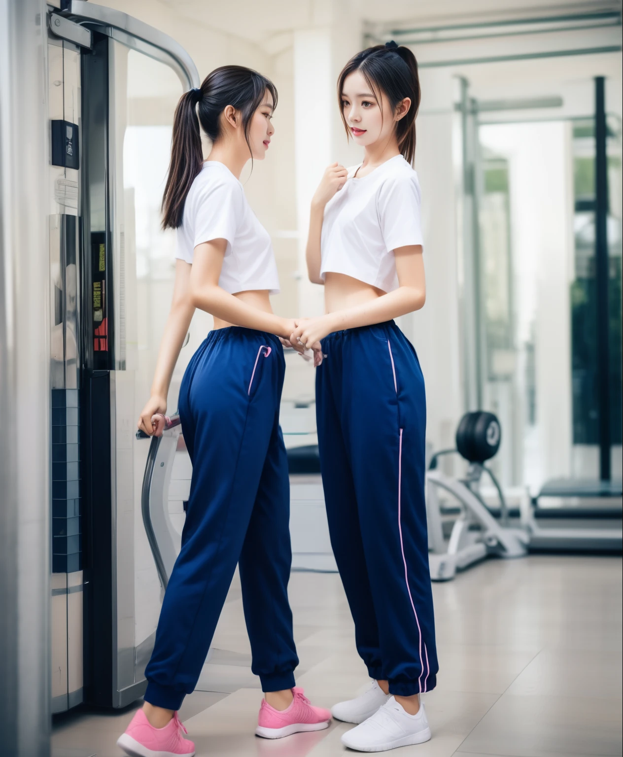 3 girls in fitness center, Blue short-sleeved shirt,Sweatpantsขายาวสีกรมท่า,Sweatpants, Sweatpantsขายาว,25 year old girl, lesbian, sexy, exercise clothes, wet body, exercise clothes