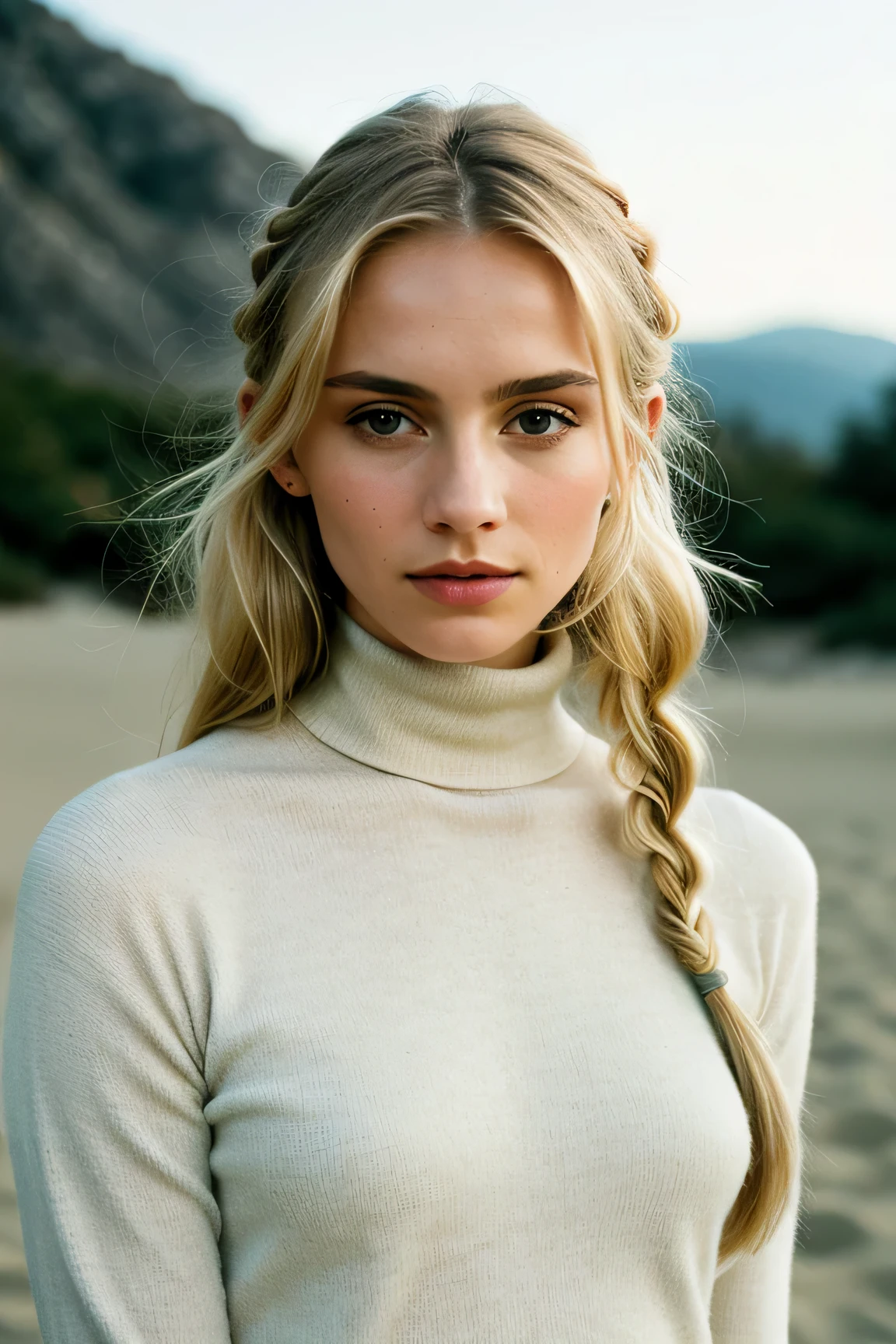 fotografia de uma mulher, (ambivalent facial expression), Pele Texturizada, arrepio, ash blonde hair with mermaid braid, top listrado com gola alta e minissaia de couro, corpo lento, jardim zen minimalista com pedras e areia cuidadosamente colocadas, Olhos perfeitos, (Ectacromo), Velvia 100 cores, filmado em Leica T, bokeh, sharp focus on the subject, filmado por Peter Lindbergh