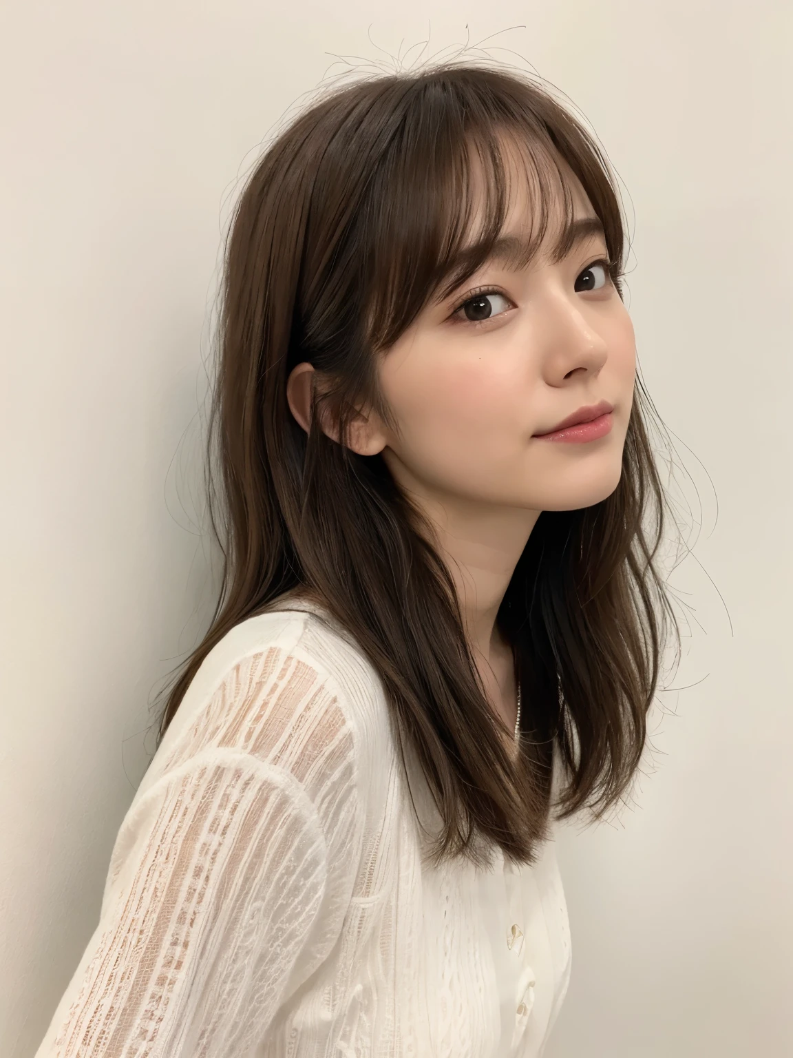(Highly realistic photos, High resolution, detailed face, fine eyes), ((Taken in front of a white wall))、japanese woman, 40 years old, various expressions, alone:1, slim figure, different hairstyles, casual clothes, Only one person appears in the photo、long sleeve dress、Photographed in natural light、simple necklace、spring clothes、don't look at the camera、profile、dark brown hair color、bob hair、hands are down