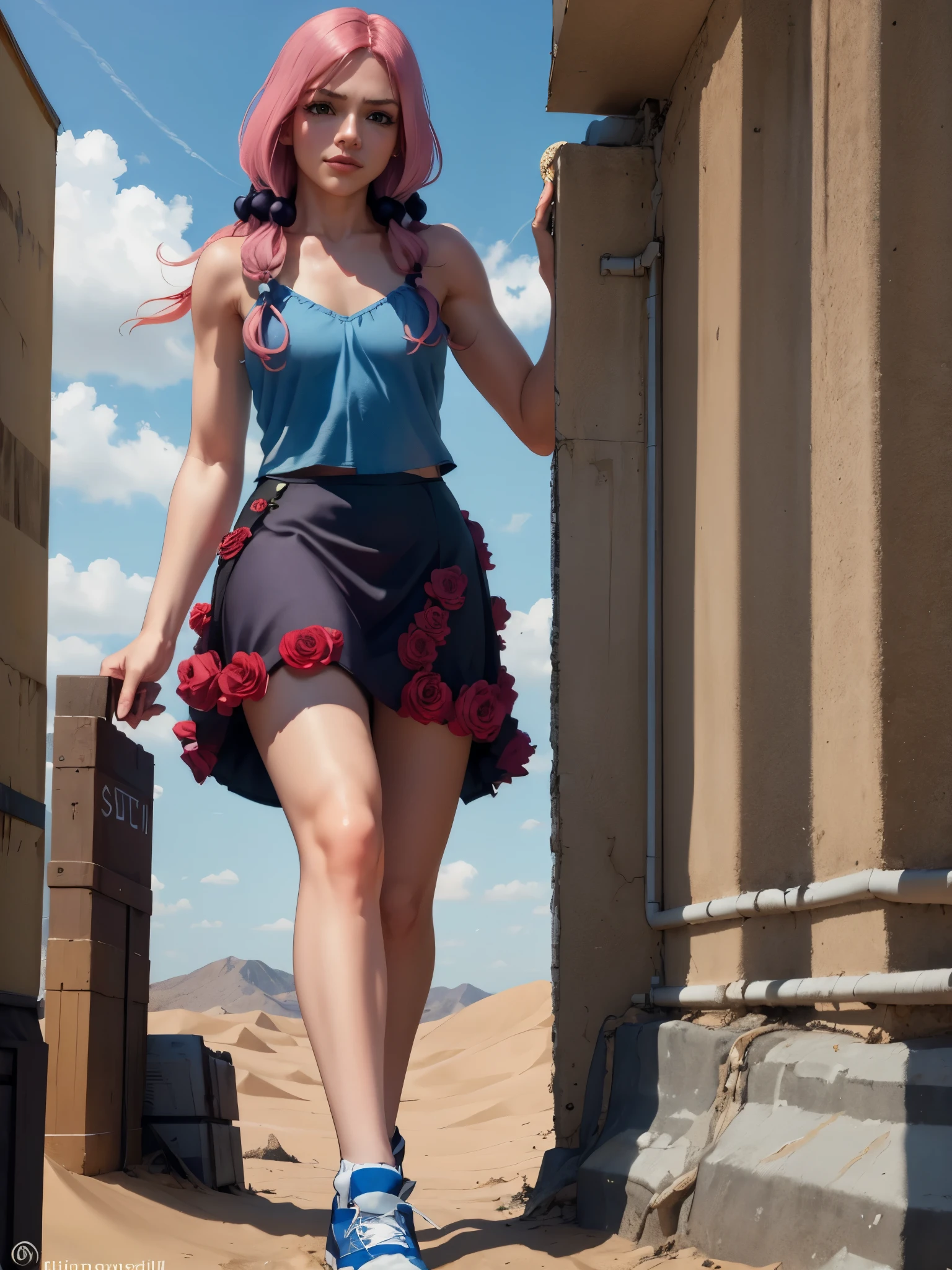 (masterpiece, best quality:1.2), solo, 1girl, giantess, hirose yasuho, slight smile, looking at viewer, hair bobbles, blue camisole, skirt, flower, walking in desert