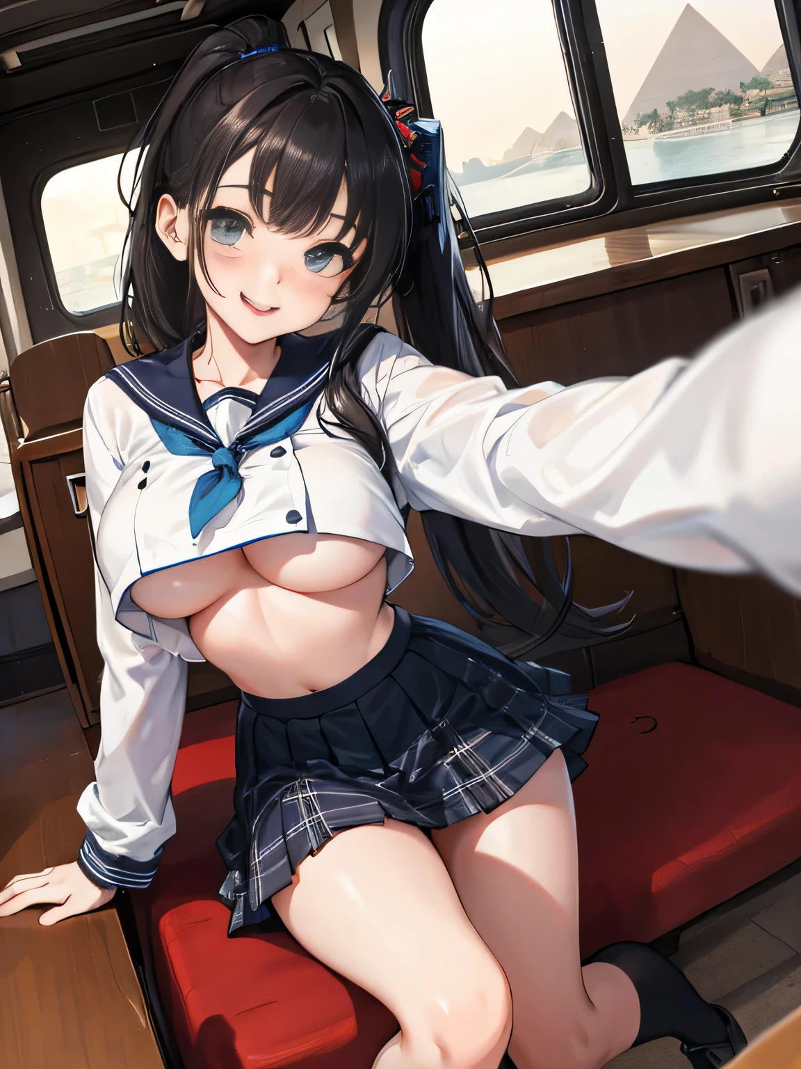 (8k、RAW photo、highest quality)、detailed background、beautiful and detailed face、beautiful and smooth skin、skin texture、professional lighting、Beautiful age girl、(three women)、(huge breasts)、sexy sailor suit or uniform、Pleated mini skirt with tartan plaid pattern、side pony、ponytail、cute hairstyle、ニーhigh socks、high socks、 selfie、school trip、Touch my chest playfully、laughter、smile、sexual expression、Cairo、Egypt、pyramid、Egypt博物館、Nile Cruises、
You can also take photos with famous landmarks and symbols of your travel destination.、underboob、panty shot